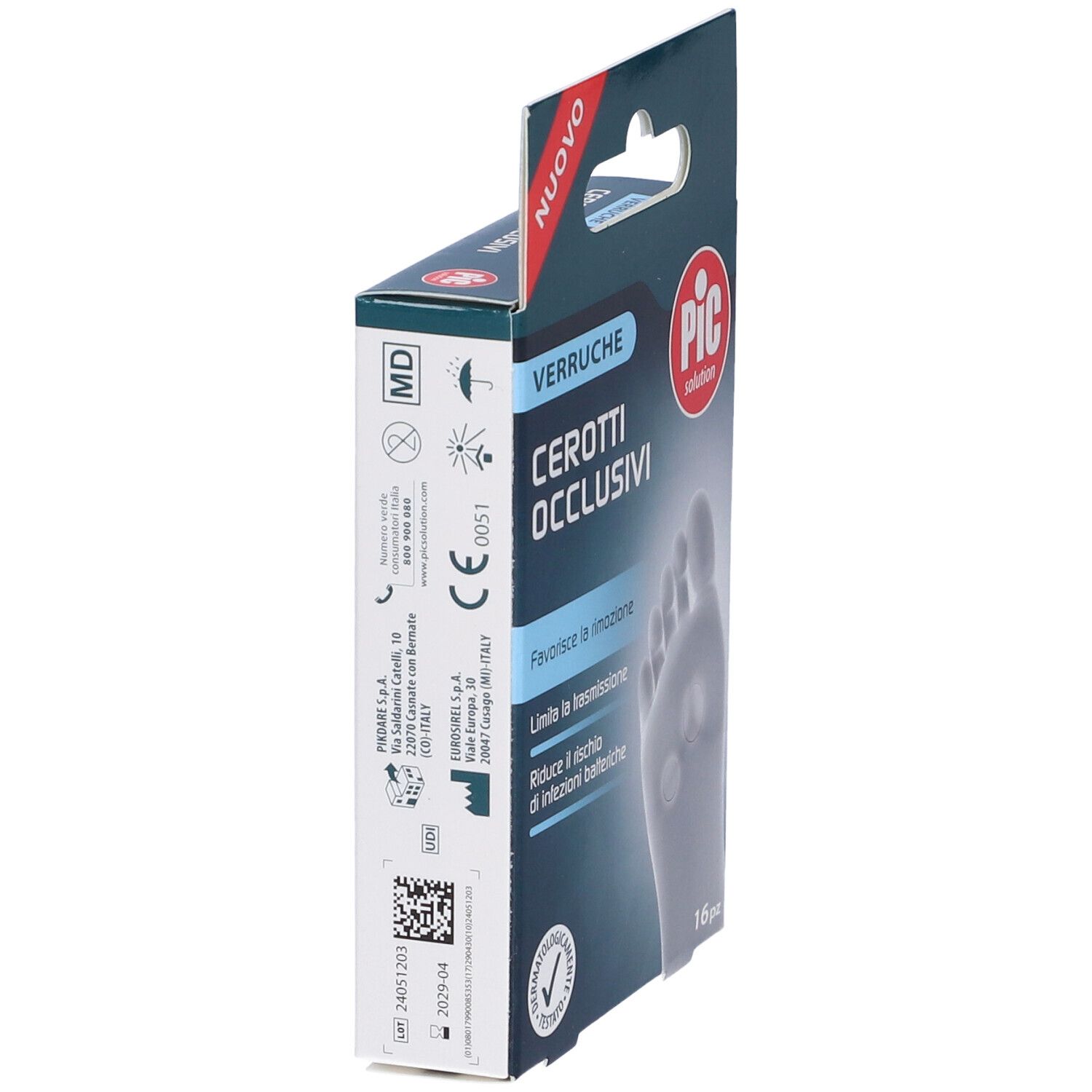 Seitenansicht der Verpackung von PIC Cerotti Occlusivi Verruche. Text: 16 Stück, CE-Kennzeichnung.