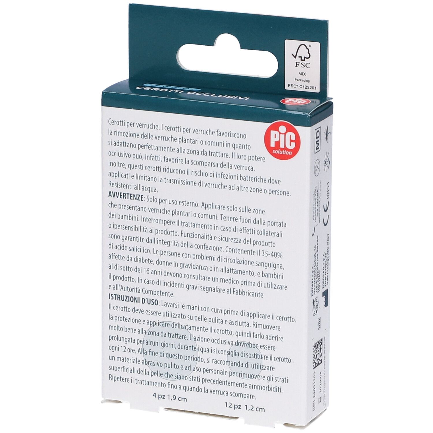 Rückseite der Verpackung von PIC Cerotti Occlusivi Verruche. Text: Anwendungshinweise, Inhaltsstoffe.