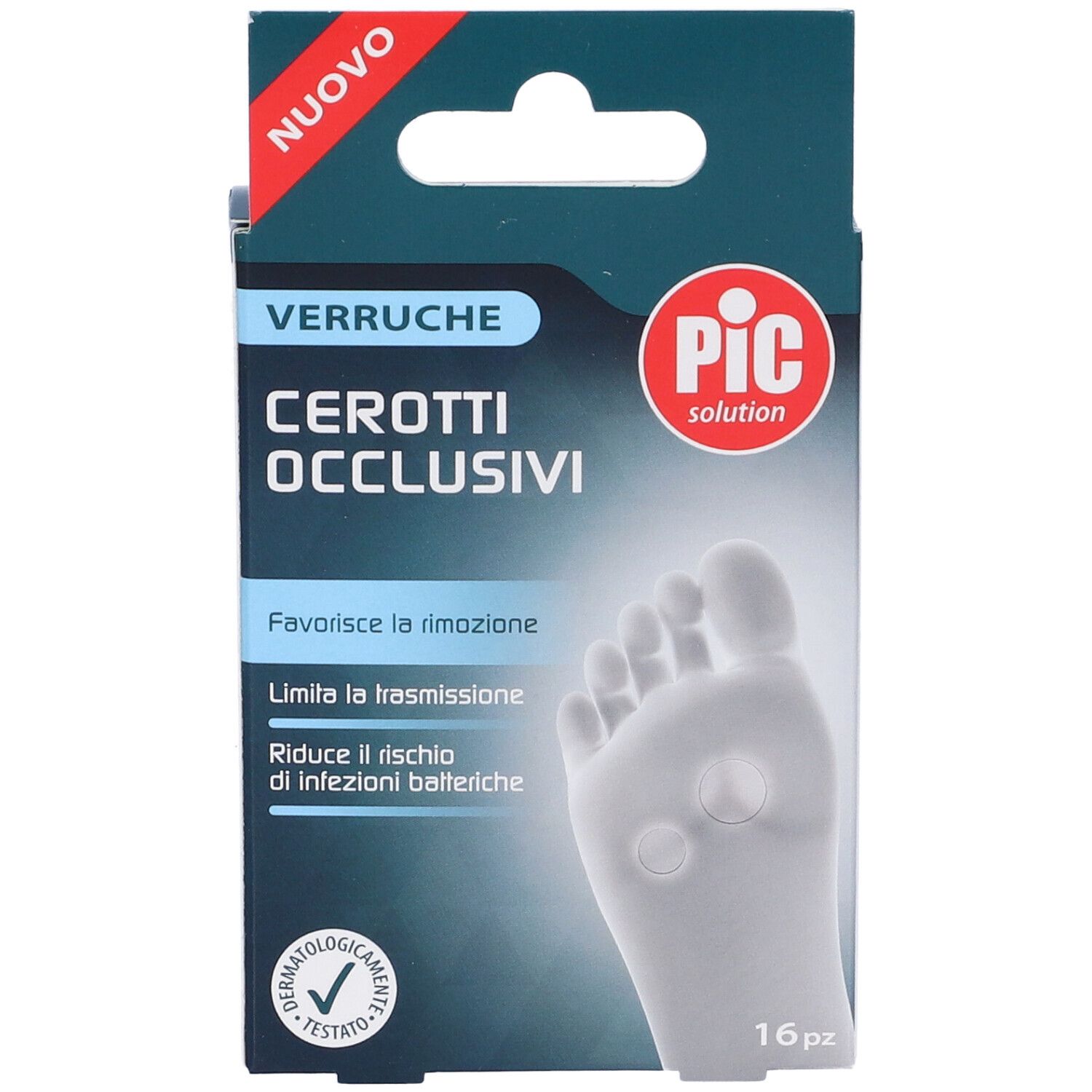 Verpackung von PIC Cerotti Occlusivi Verruche. Aufdruck: 16 Stück, Fußabbildung mit Pflastern.