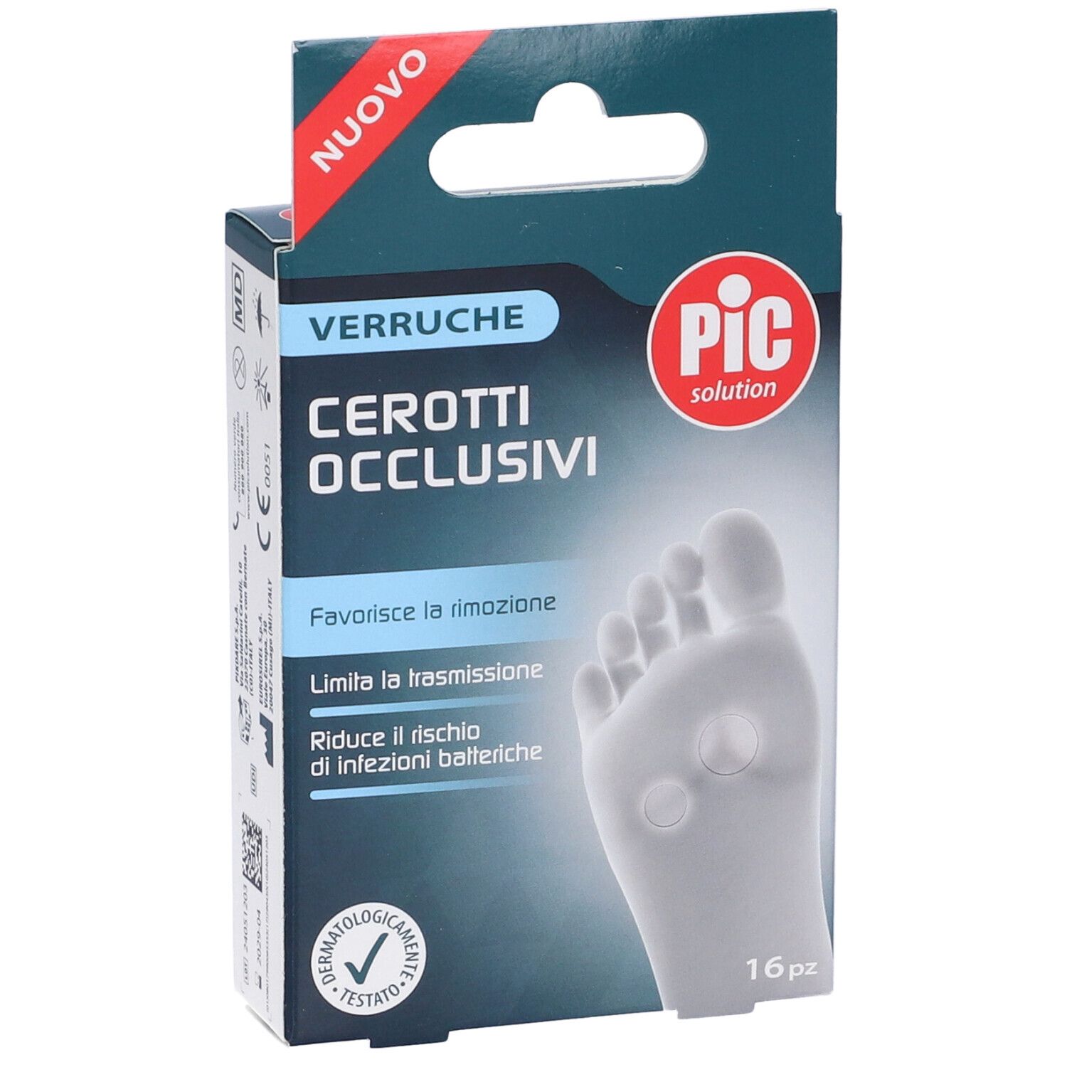 Verpackung von PIC Cerotti Occlusivi Verruche. Aufdruck: 16 Stück, Fußabbildung mit Pflastern.