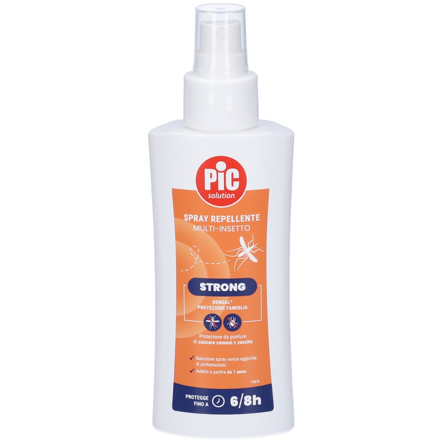 Spray bianco con logo PIC rosso. Etichetta arancione con testo: Spray Repellente Multi-Insetto, Strong. Repellente insetti.