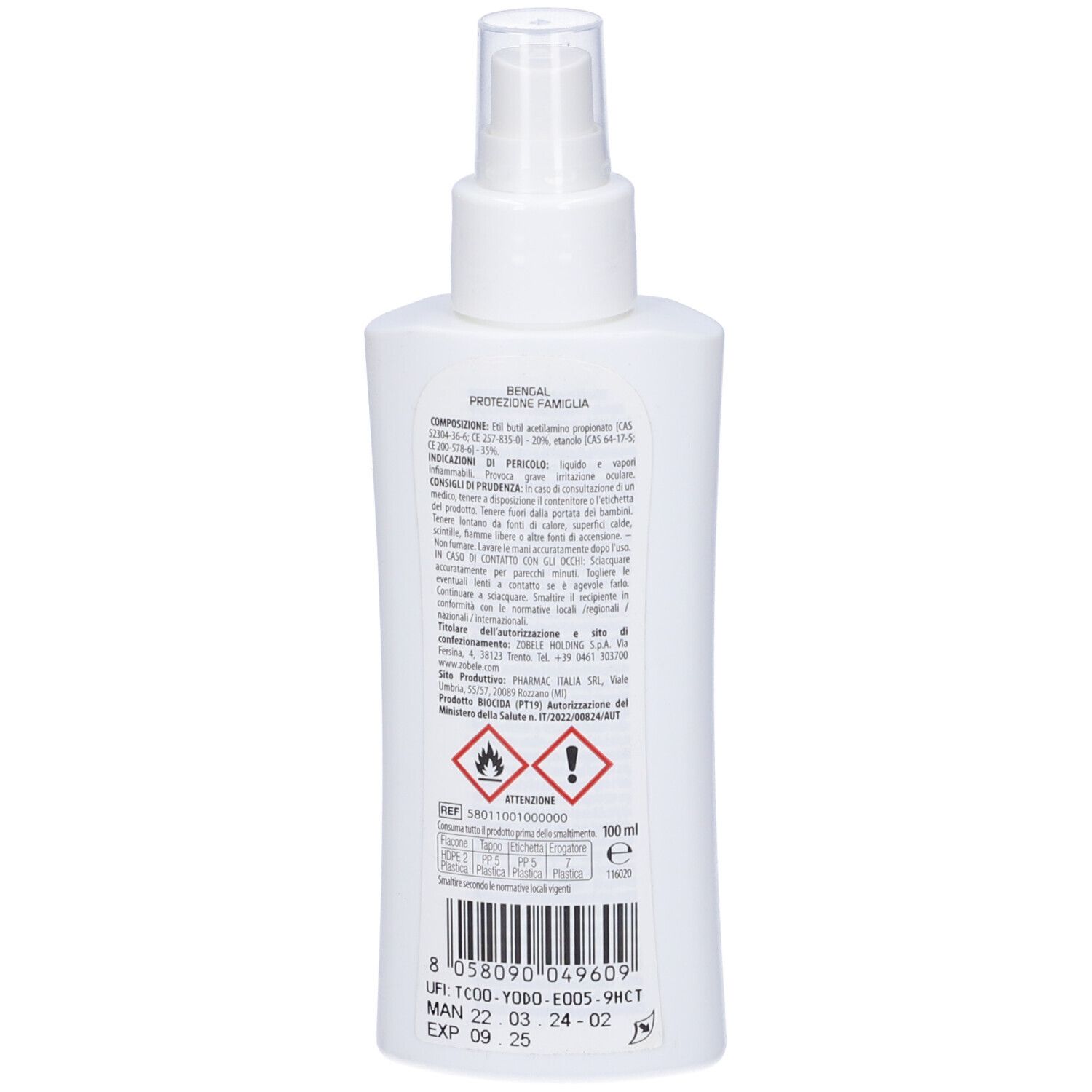 Retro di un flacone spray bianco. Testo e avvertenze sull'etichetta. Codice a barre in basso. 100 ml.