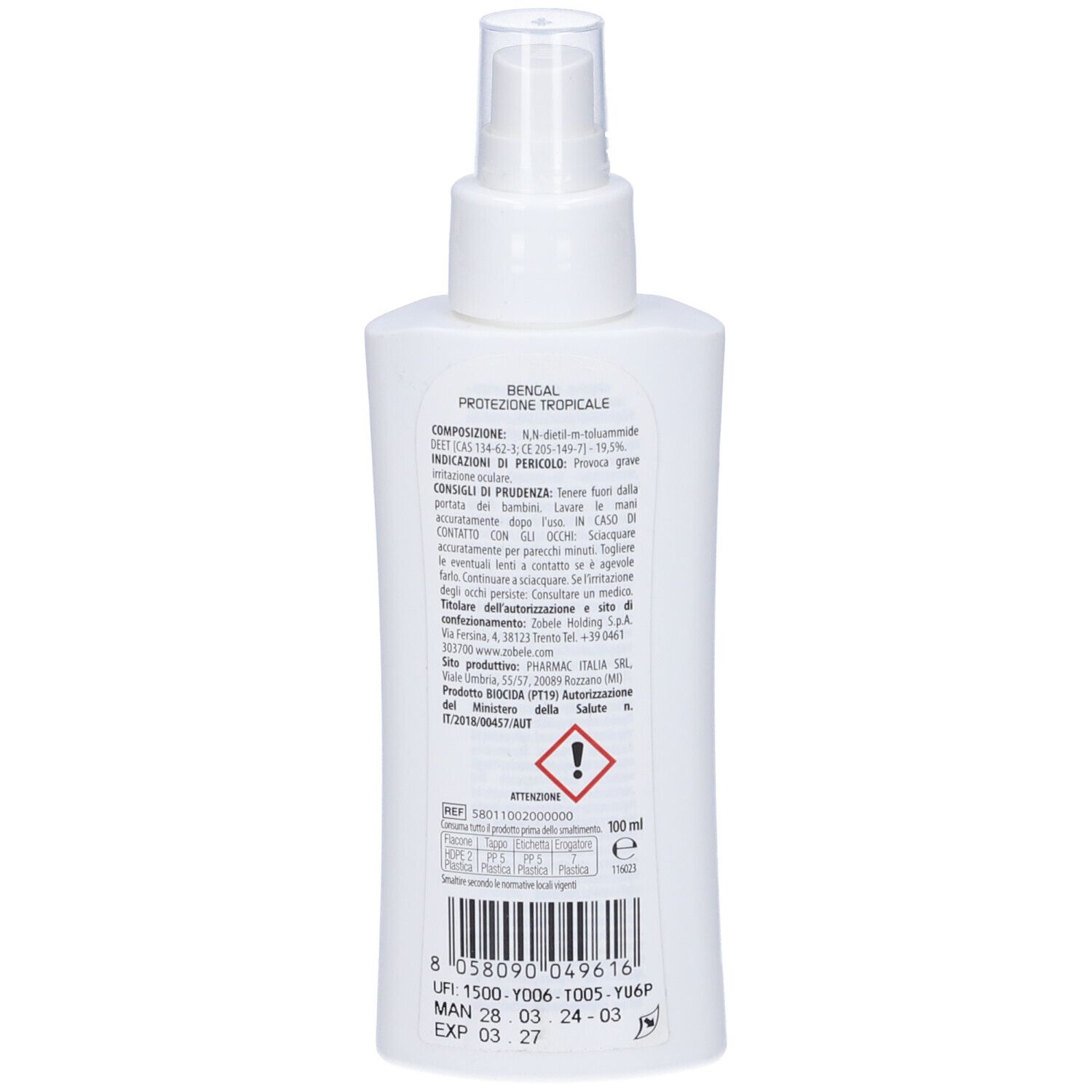 Rückseite der weißen Sprayflasche. Text: BENGAL PROTEZIONE TROPICALE. Warnhinweis. Text und Barcode.