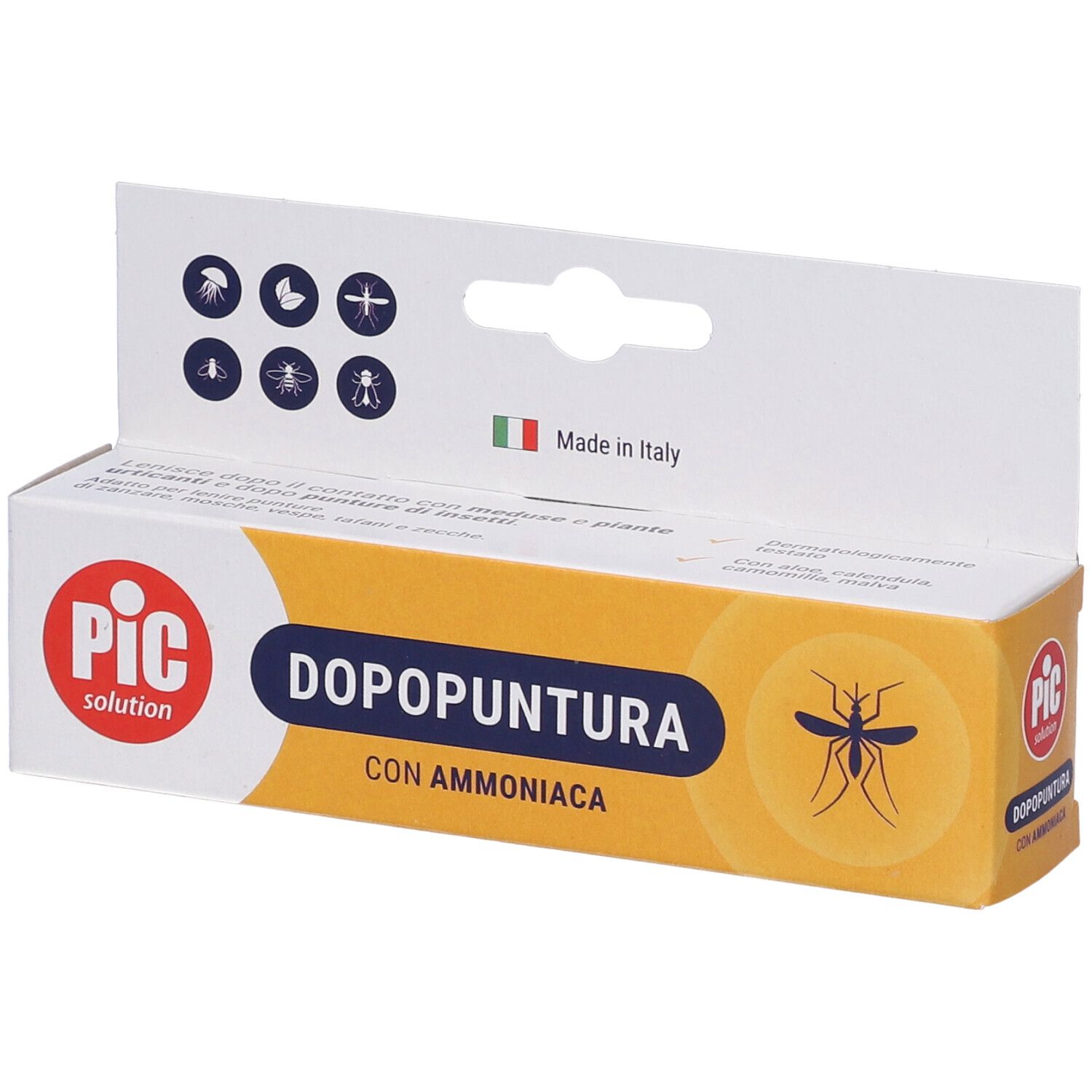 Confezione PIC Dopopuntura. Scatola bianca e gialla con nome del prodotto e illustrazione di insetto. Prodotto in Italia.