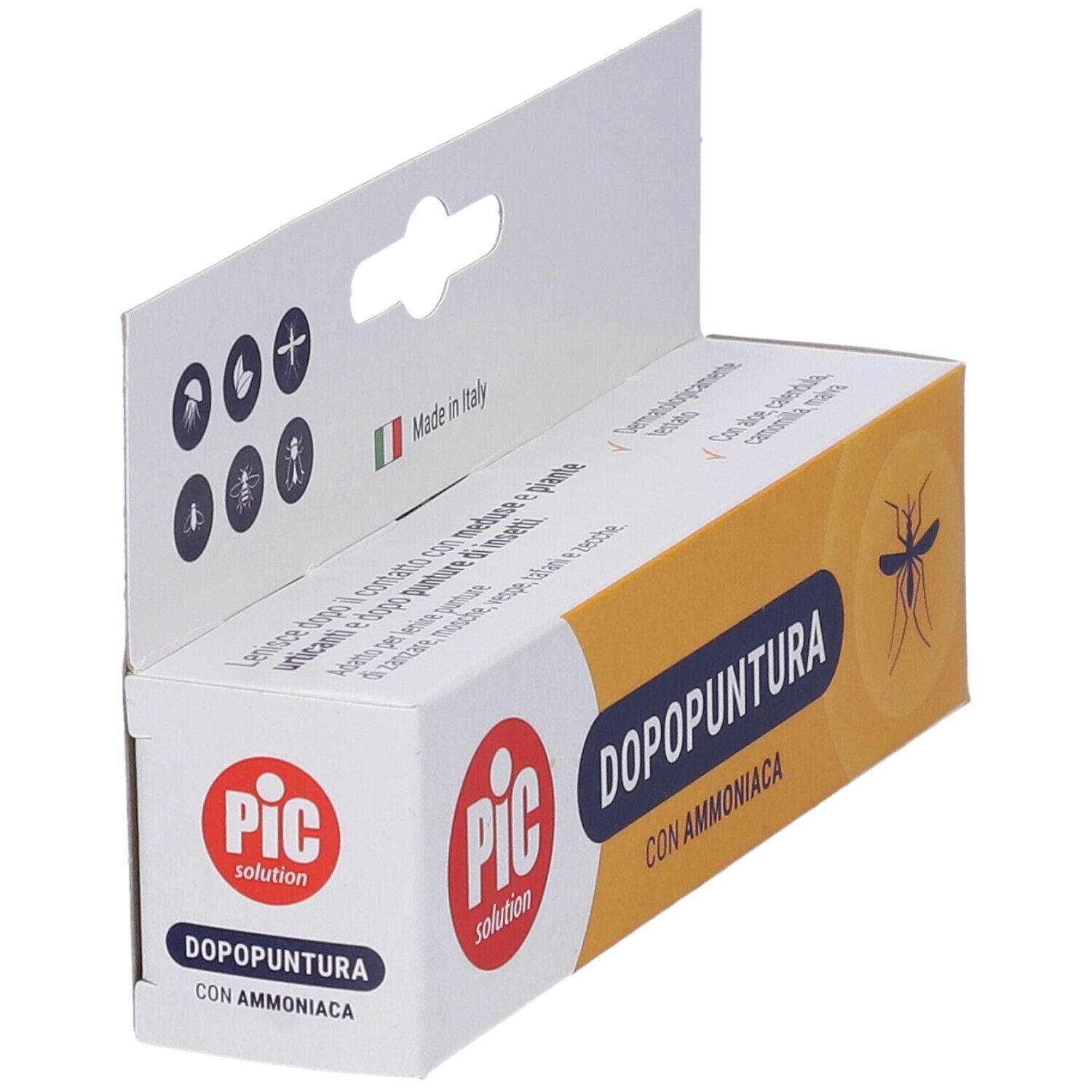 Confezione PIC Dopopuntura. Scatola bianca e gialla con nome del prodotto e illustrazione di insetto. Prodotto in Italia.