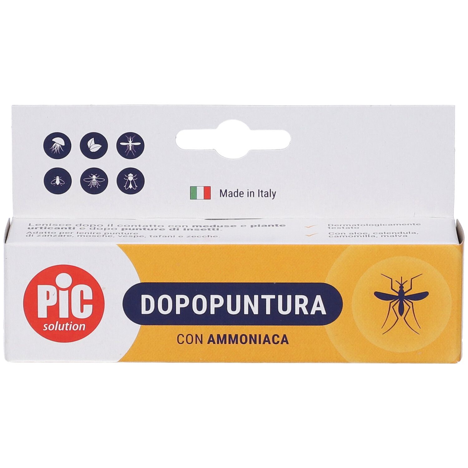 Confezione PIC Dopopuntura. Scatola bianca e gialla con nome del prodotto e illustrazione di insetto. Prodotto in Italia.