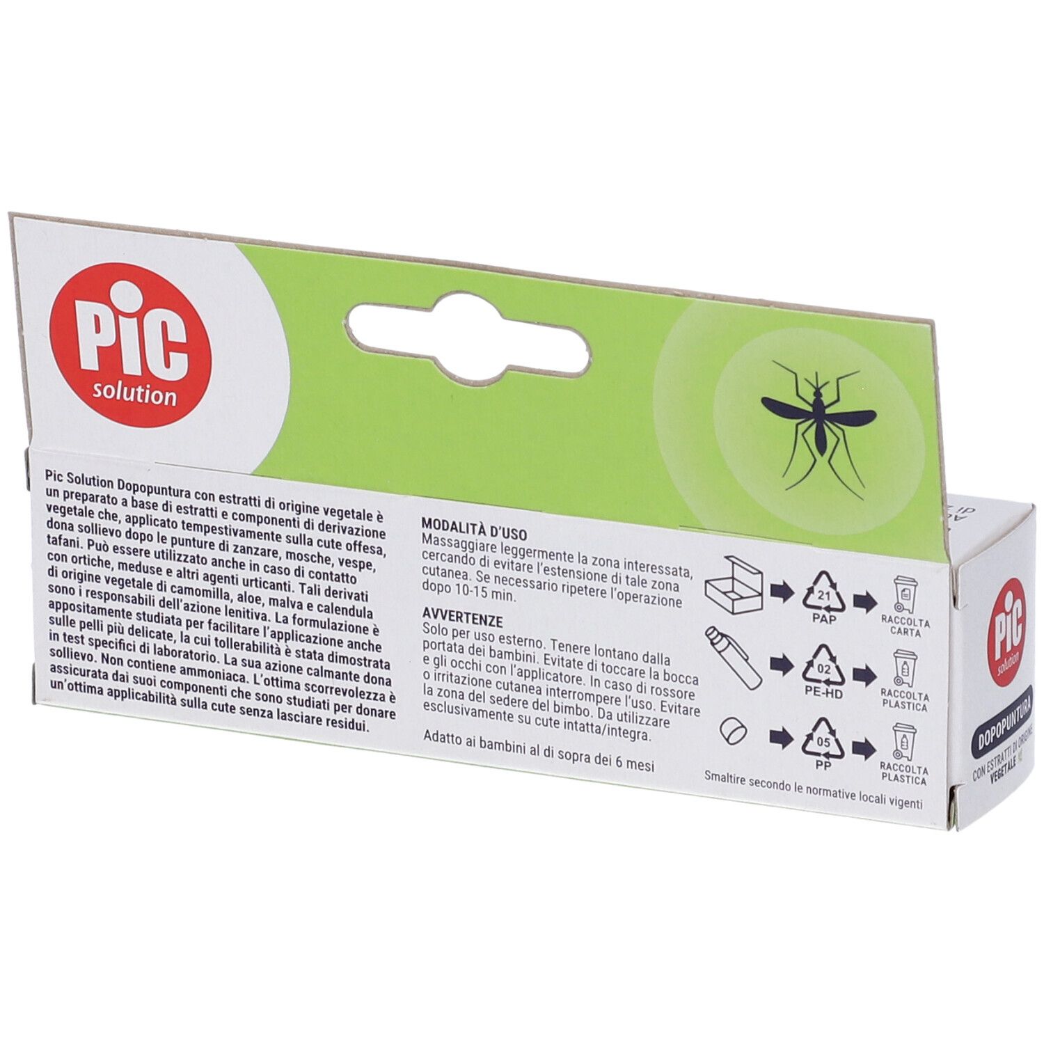 Rückseite der Schachtel mit PIC-Logo und Produktinformationen. Enthält Anweisungen und Warnhinweise. Geeignet für Kinder ab 6 Monaten.