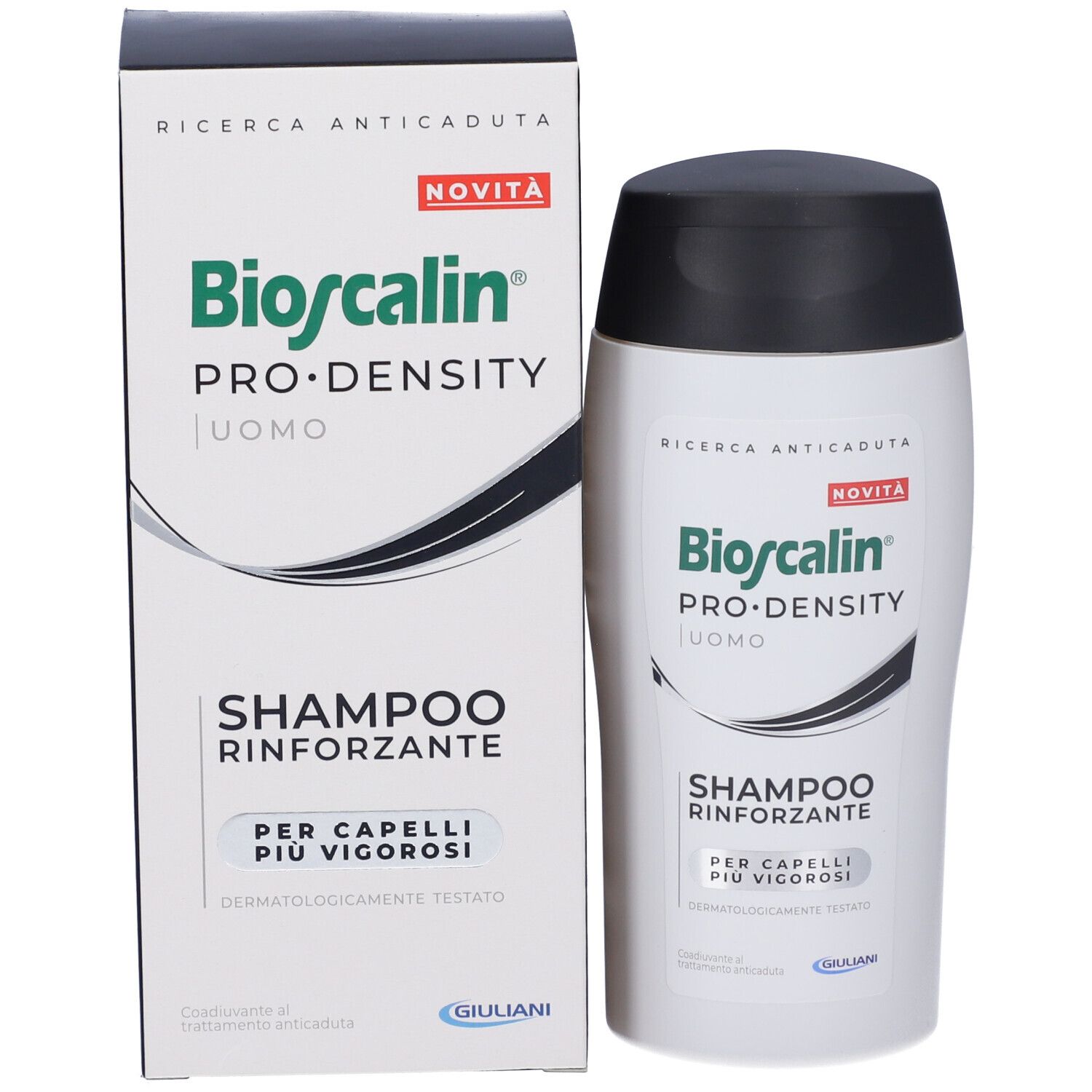 Bioscalin Pro-Density Shampoo für Männer, stärkend, in weißer Flasche und Kartonverpackung.