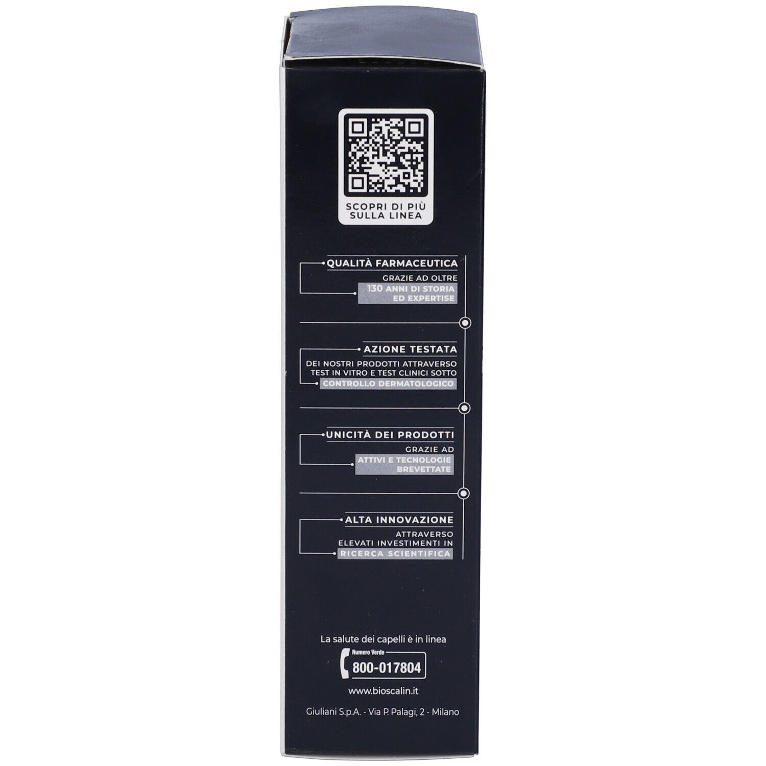 Schwarze Verpackung mit QR-Code und Text über pharmazeutische Qualität, getestete Wirkung und Innovation.