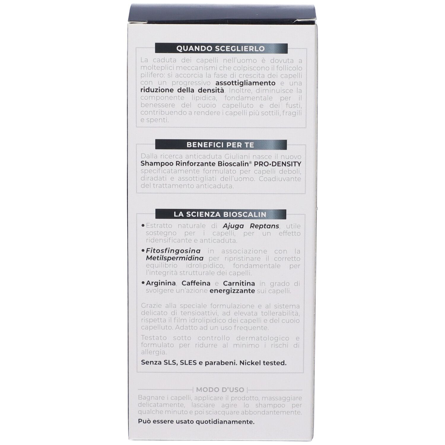 Verpackungsseite eines Bioscalin Pro-Density Shampoos mit Text über Haarausfall und Inhaltsstoffe.