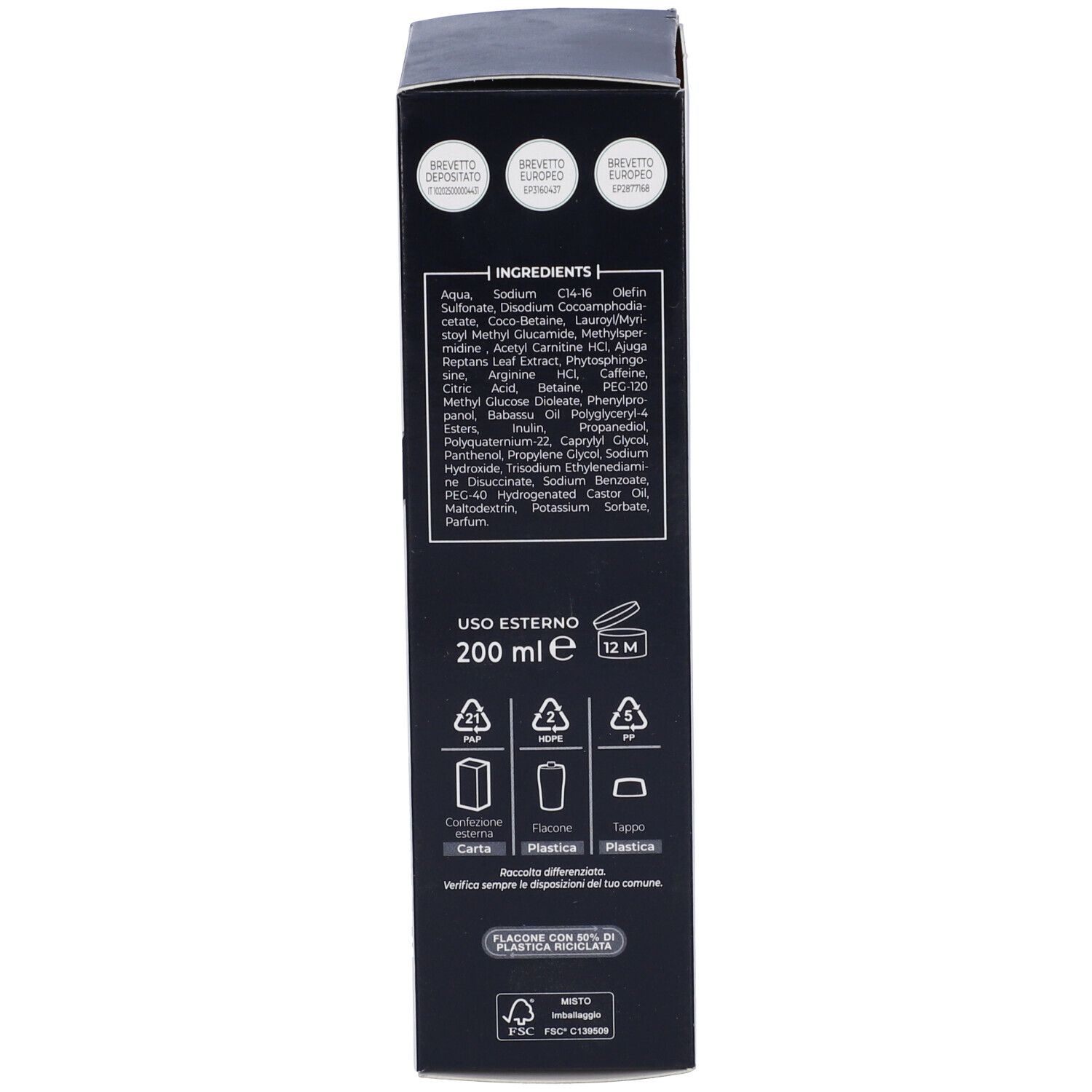 Schwarze Verpackung mit Inhaltsstoffliste und Recycling-Symbolen. Enthält 200 ml.