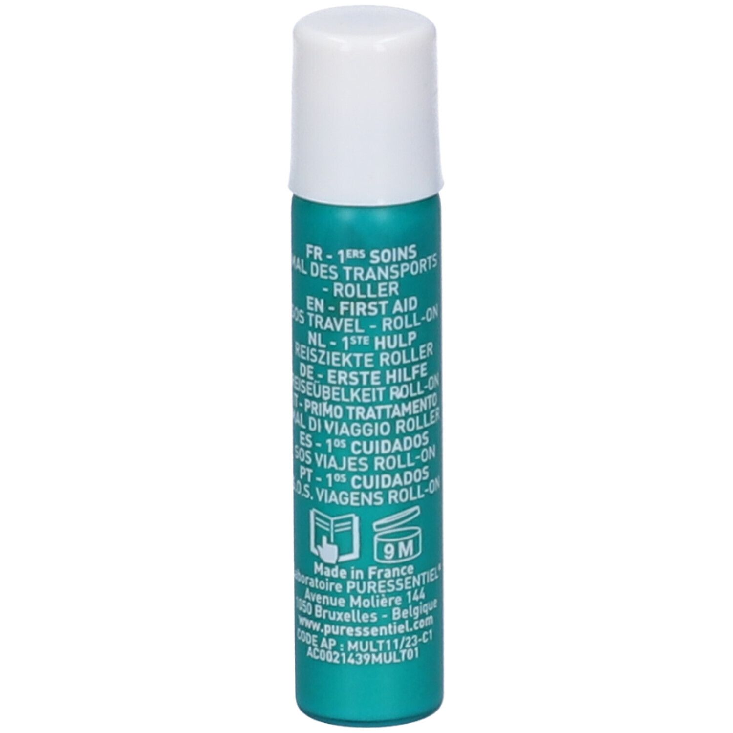 Grüner Roller mit weißem Deckel. Aufschrift: Puresseentiel, 1ers Soins, First Aid, Mal des Transports, Roller/Roll-on. 5ml.