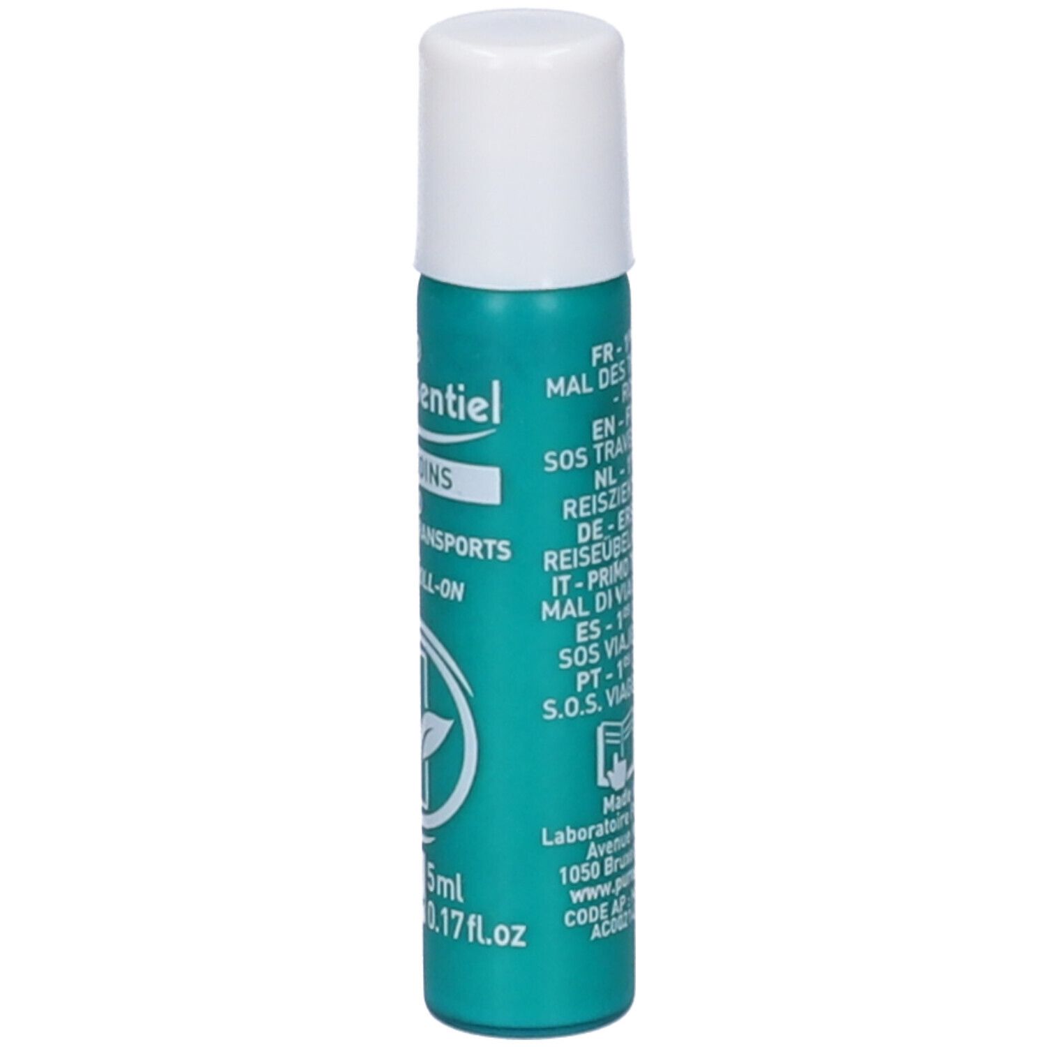 Grüner Roller mit weißem Deckel. Aufschrift: Puresseentiel, 1ers Soins, First Aid, Mal des Transports, Roller/Roll-on. 5ml.