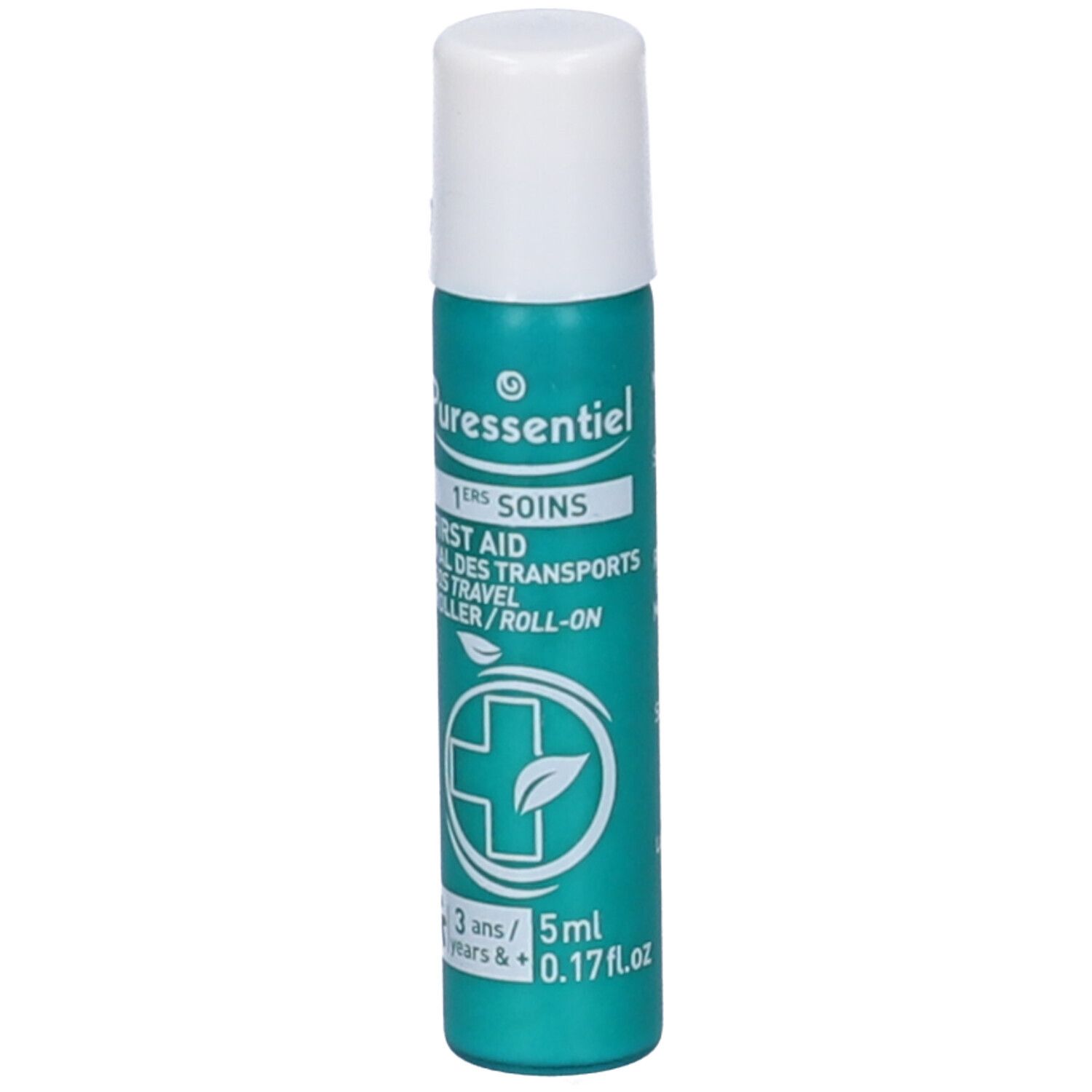 Grüner Roller mit weißem Deckel. Aufschrift: Puresseentiel, 1ers Soins, First Aid, Mal des Transports, Roller/Roll-on. 5ml.