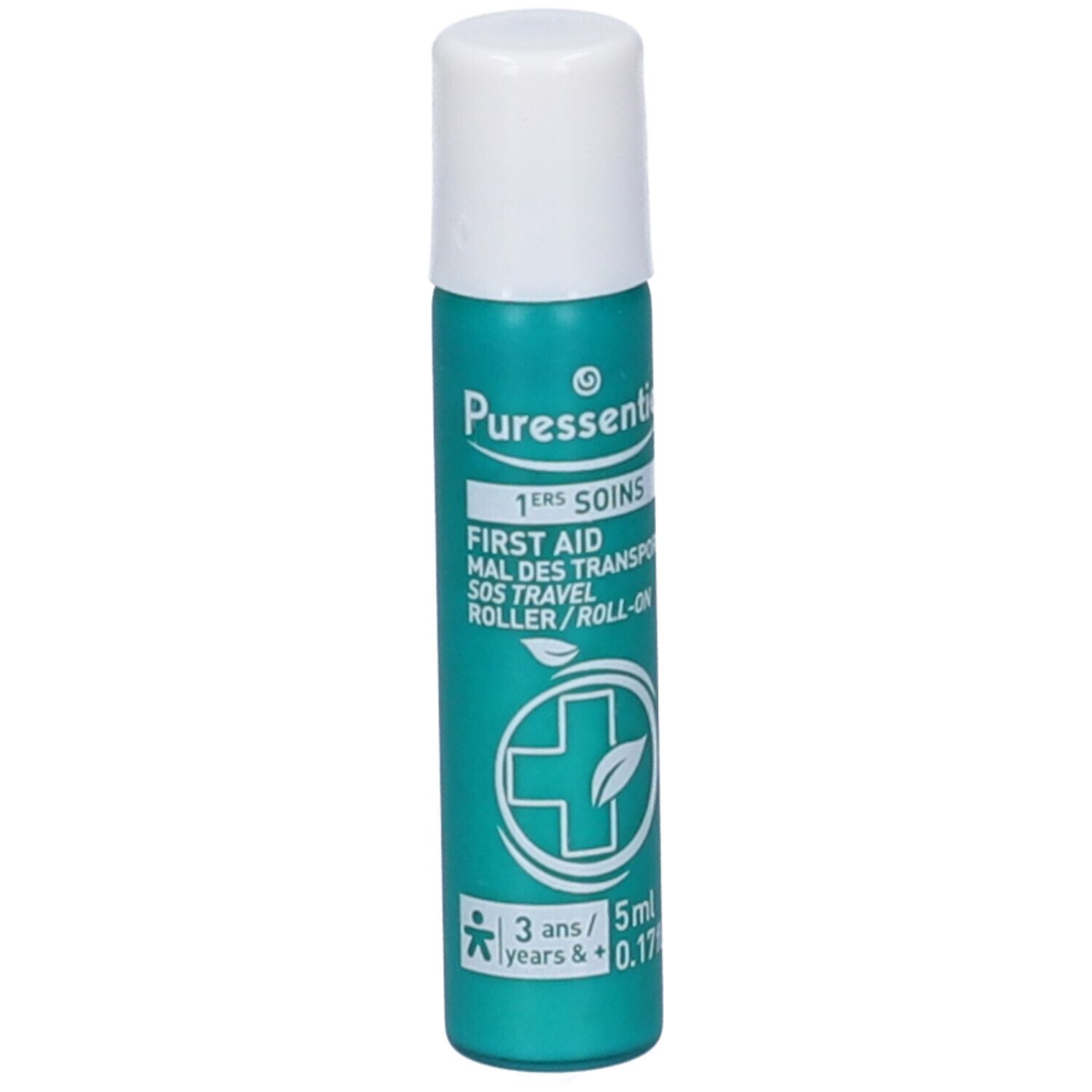 Grüner Roller mit weißem Deckel. Aufschrift: Puresseentiel, 1ers Soins, First Aid, Mal des Transports, Roller/Roll-on. 5ml.