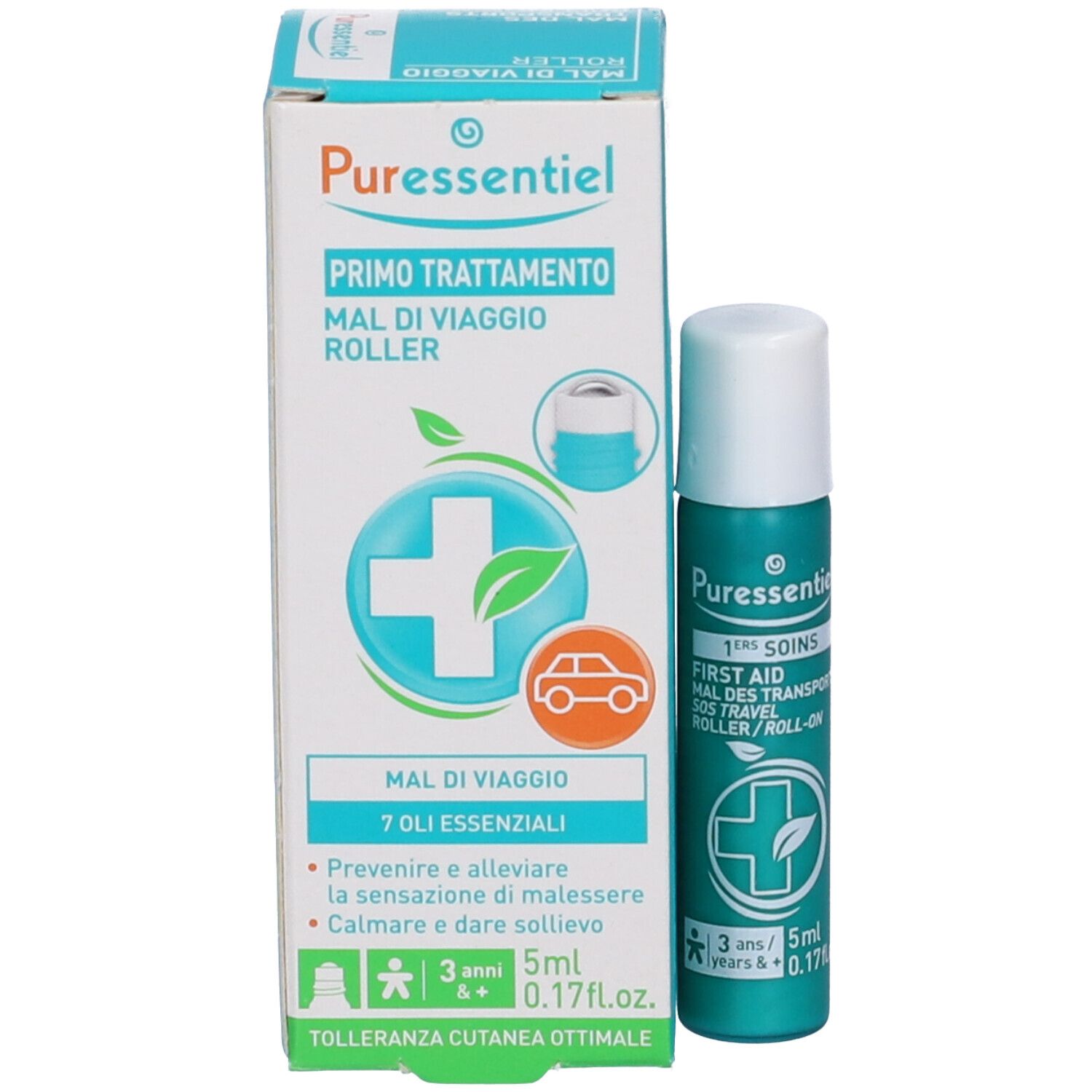 Produktverpackung und Roller. Verpackung: Puresseentiel, Primo Trattamento, Mal di Viaggio Roller. Roller: 5ml.