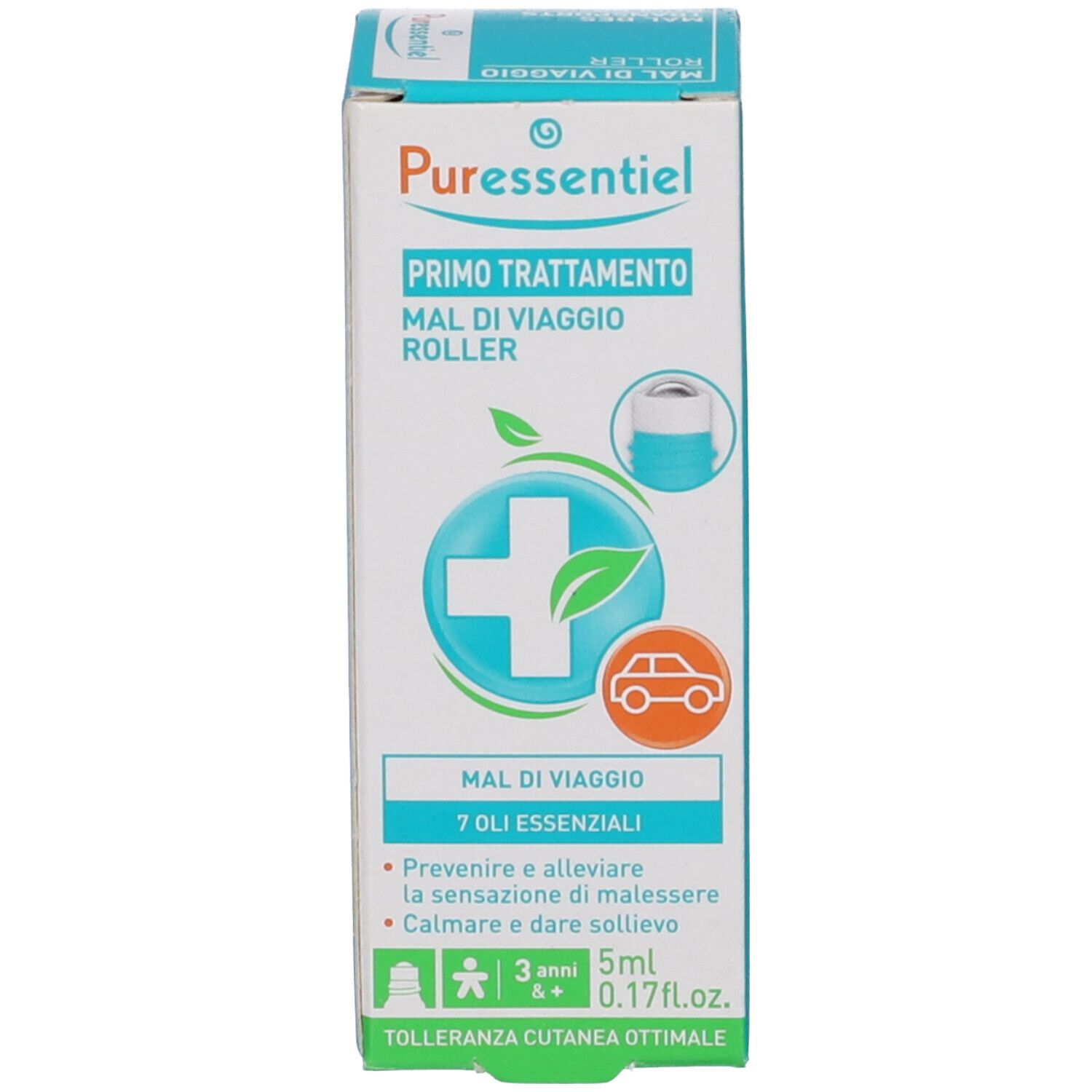 Produktverpackung. Aufschrift: Puresseentiel, Primo Trattamento, Mal di Viaggio Roller. 5ml.