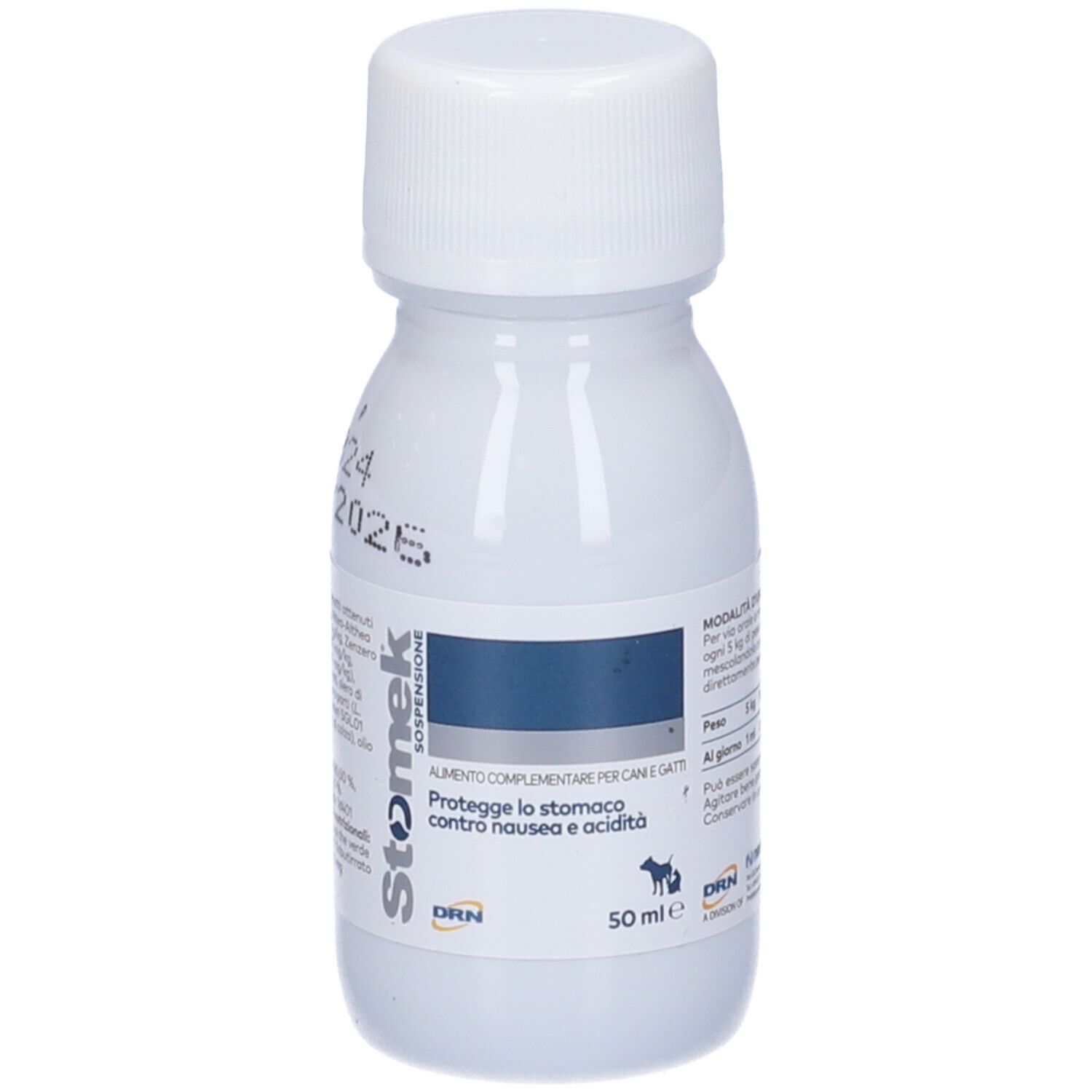 Flacone bianco con tappo bianco, 50ml, Sospensione Stomek per cani e gatti.