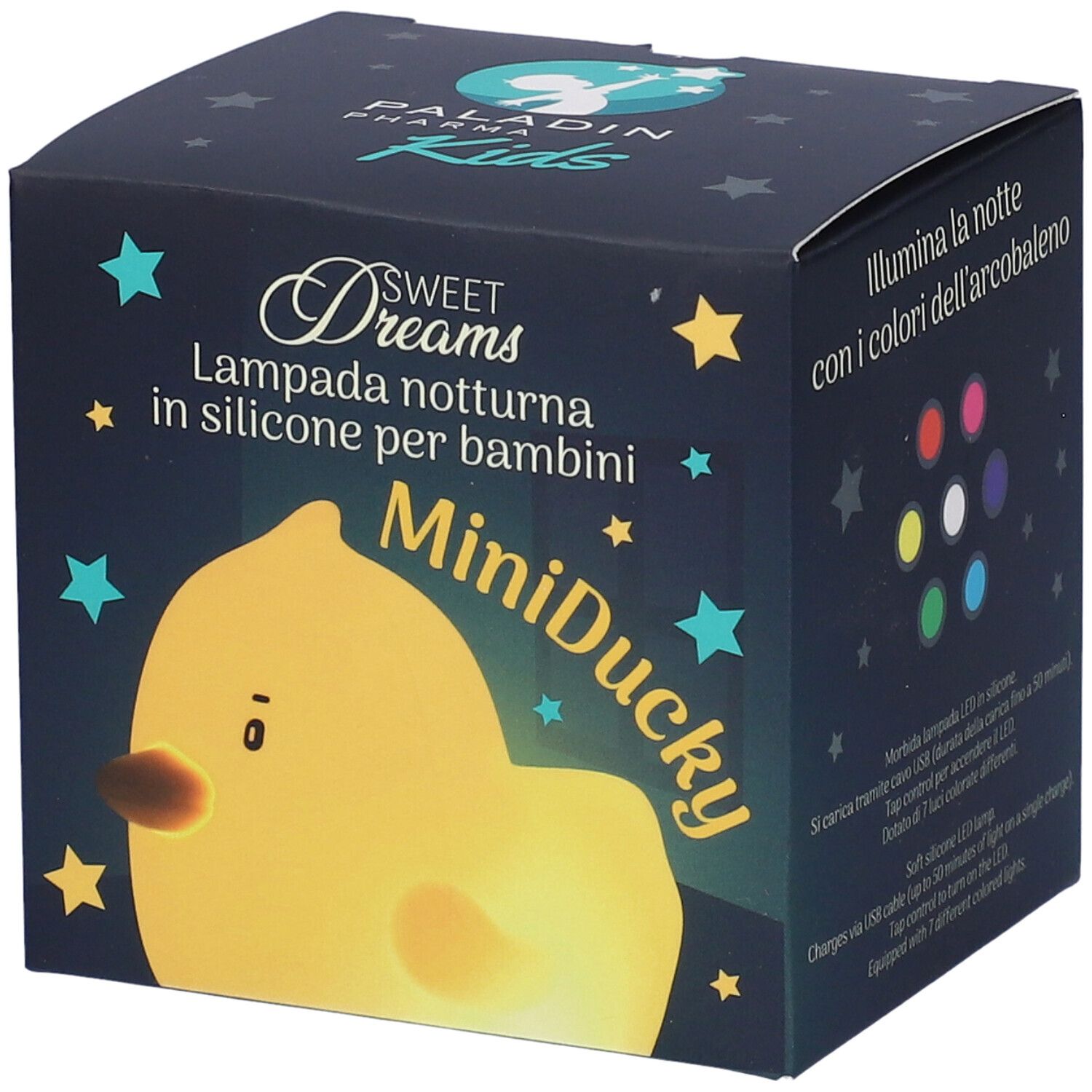 Confezione MiniDucky Paladin Pharma Kids Sweet Dreams. Anatra gialla su sfondo blu scuro con stelle.