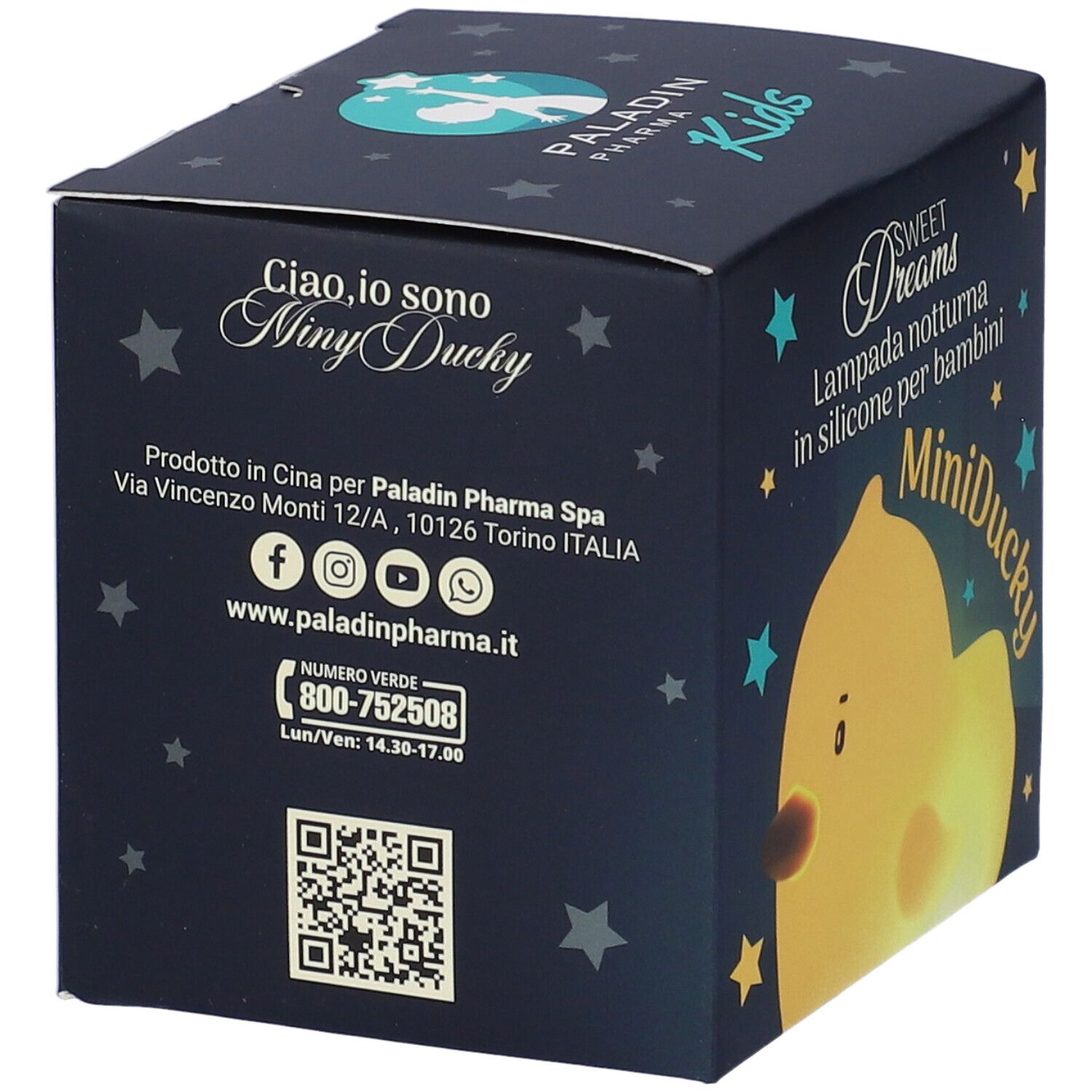 Retro della confezione MiniDucky Paladin Pharma Kids. Informazioni di contatto e codice QR.