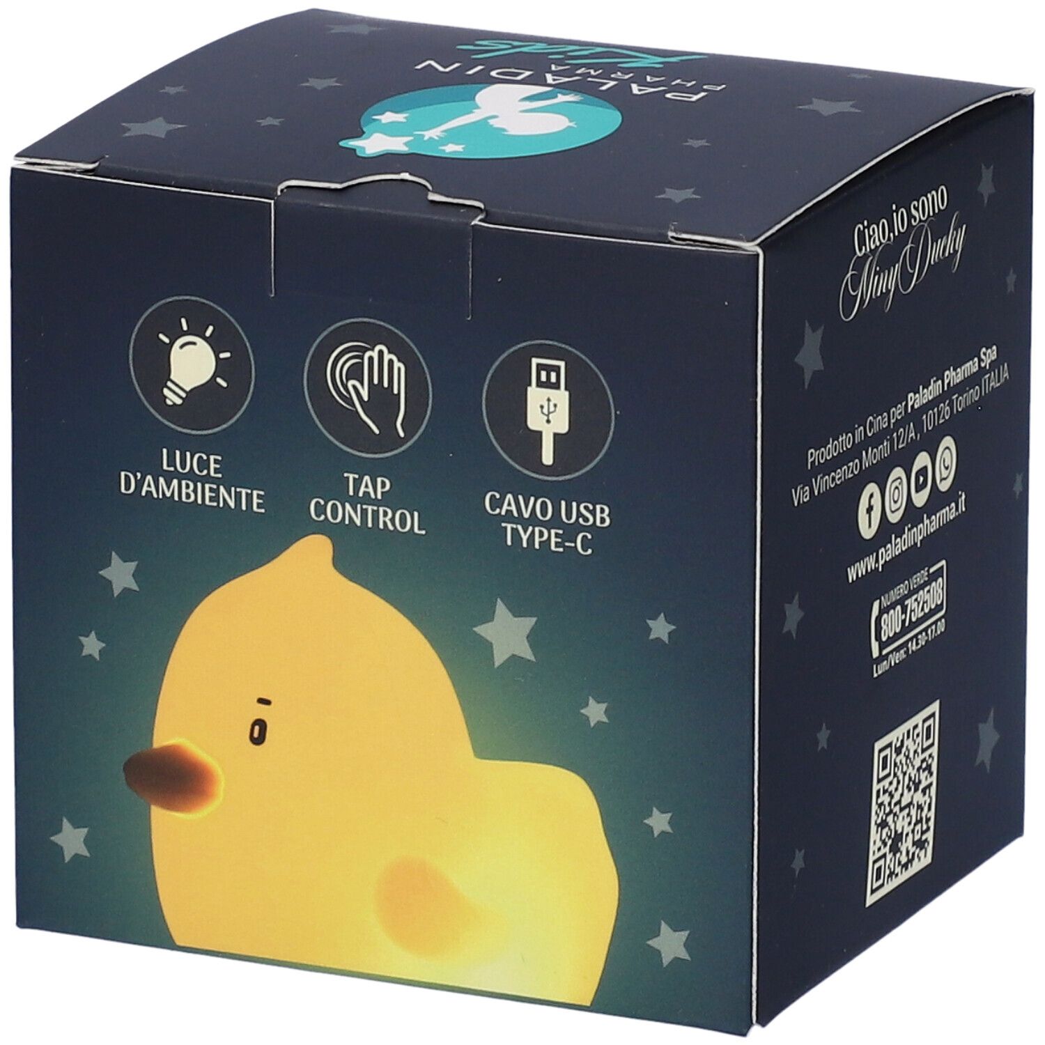 Confezione MiniDucky Paladin Pharma Kids. Simboli luce, controllo tap e cavo USB-C.