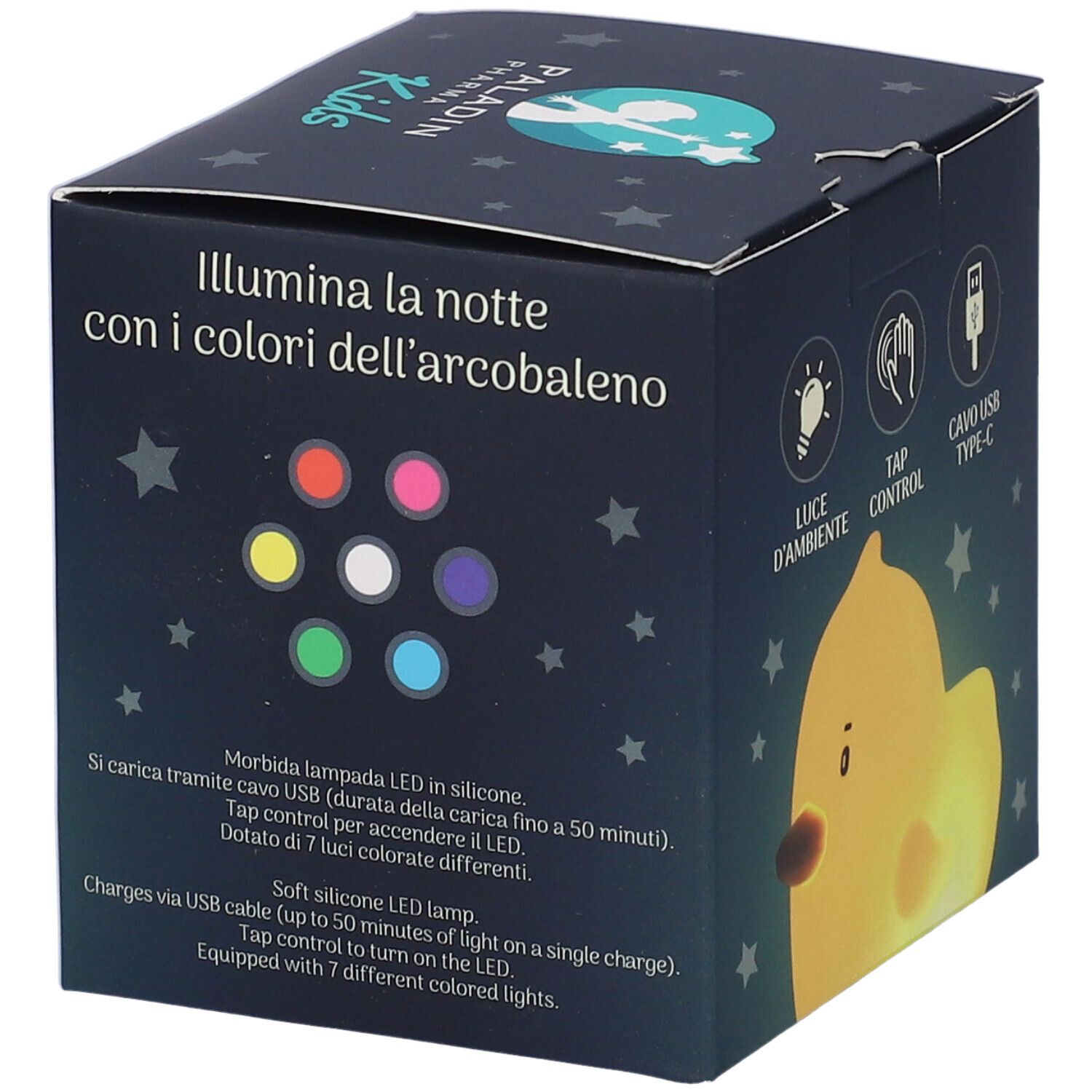 Confezione MiniDucky Paladin Pharma Kids. Luci colorate, descrizione e ricarica USB.