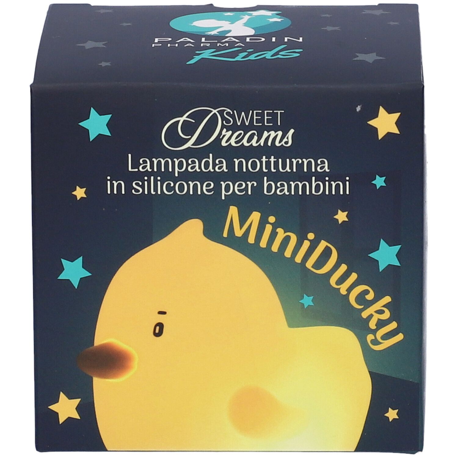 Confezione MiniDucky Paladin Pharma Kids Sweet Dreams. Anatra gialla su sfondo blu scuro.