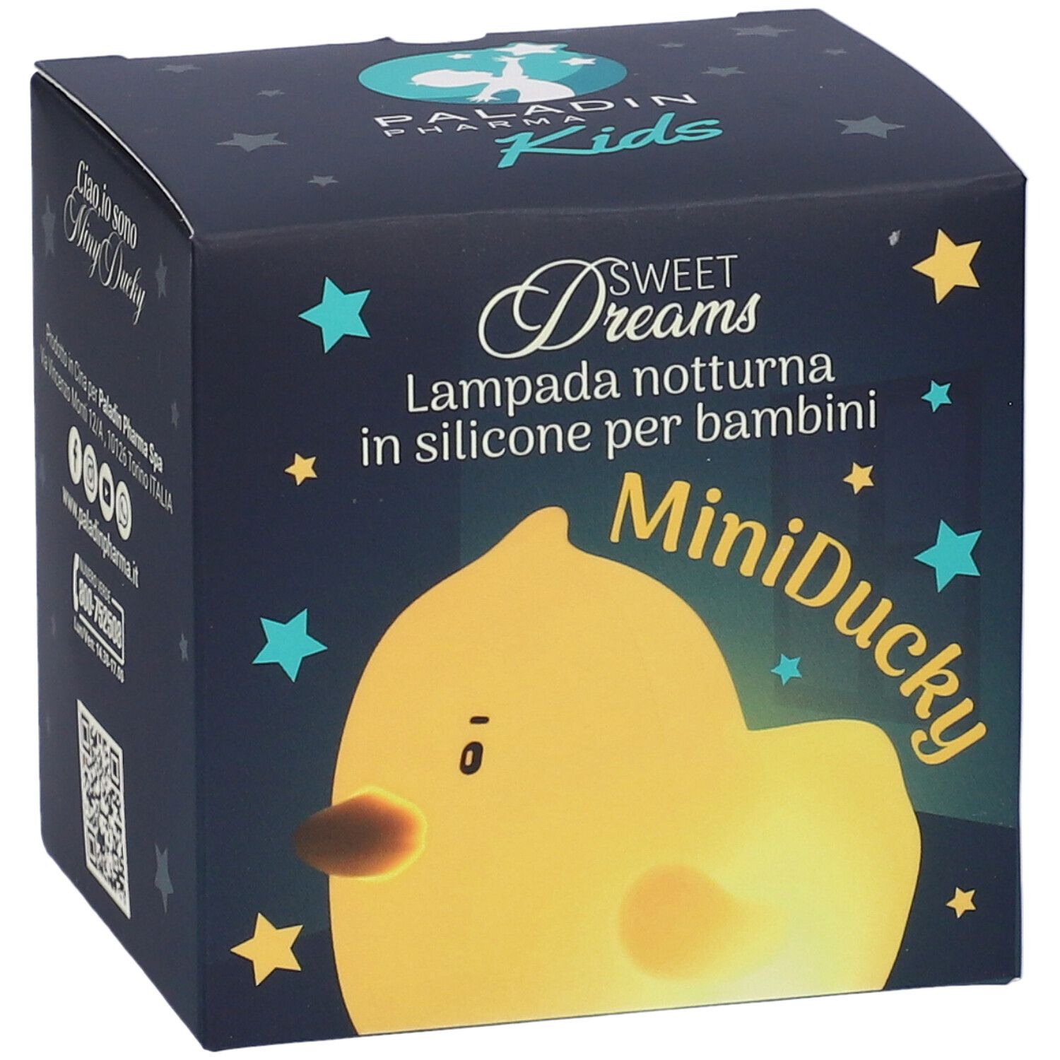 Confezione MiniDucky Paladin Pharma Kids Sweet Dreams. Nome prodotto, logo e anatra gialla.
