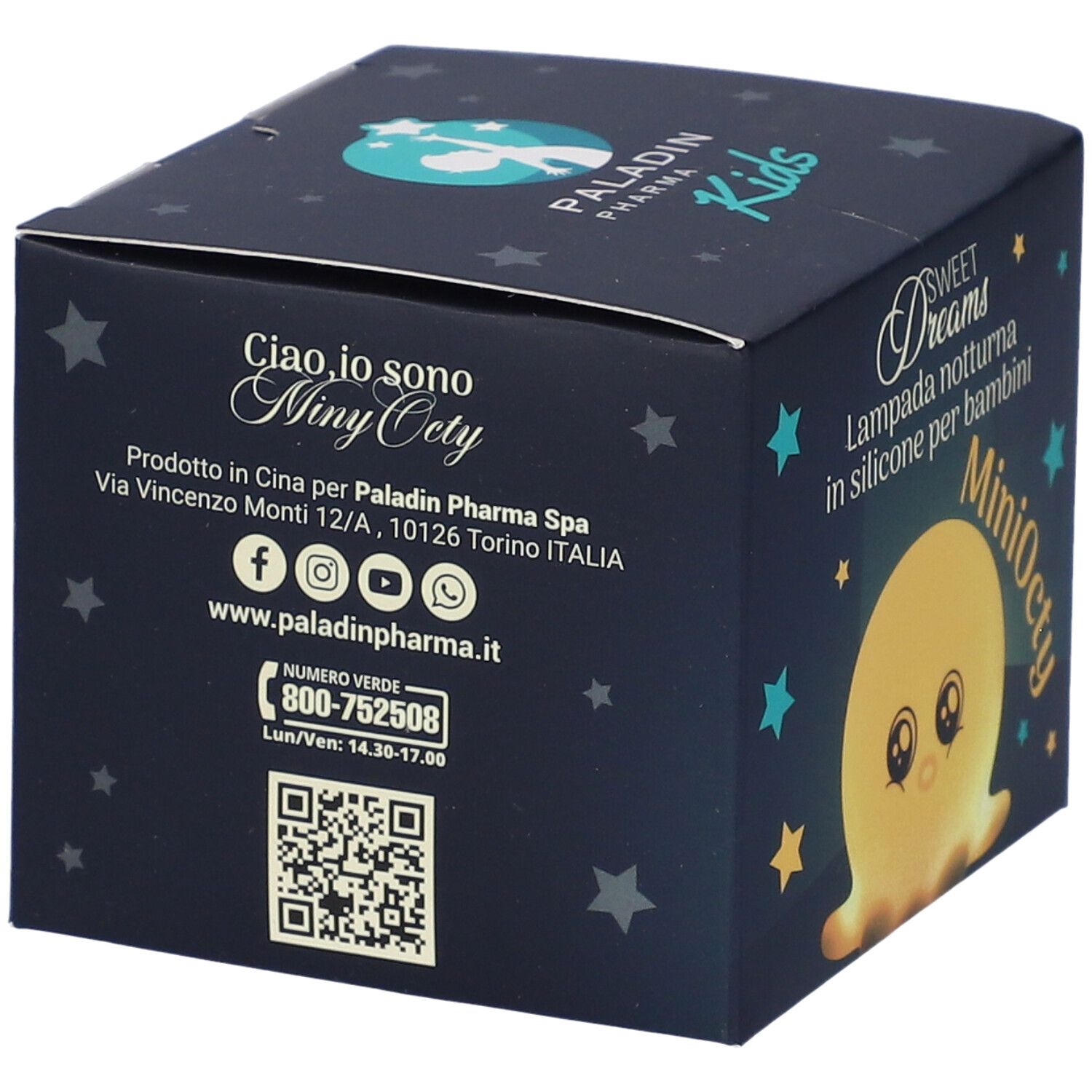 Retro della confezione della lampada notturna Paladin Pharma Kids MiniOcty. Informazioni di contatto e codice QR.