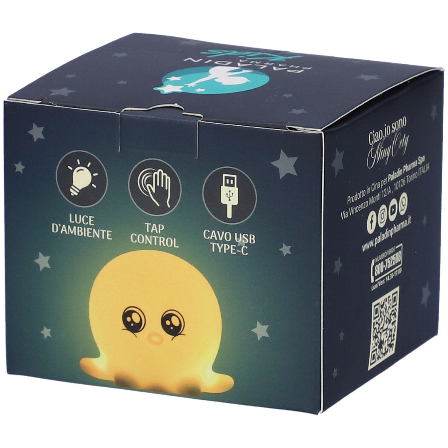 Scatola della lampada notturna Paladin Pharma Kids MiniOcty. Simboli per luce ambiente, controllo touch e cavo USB-C.