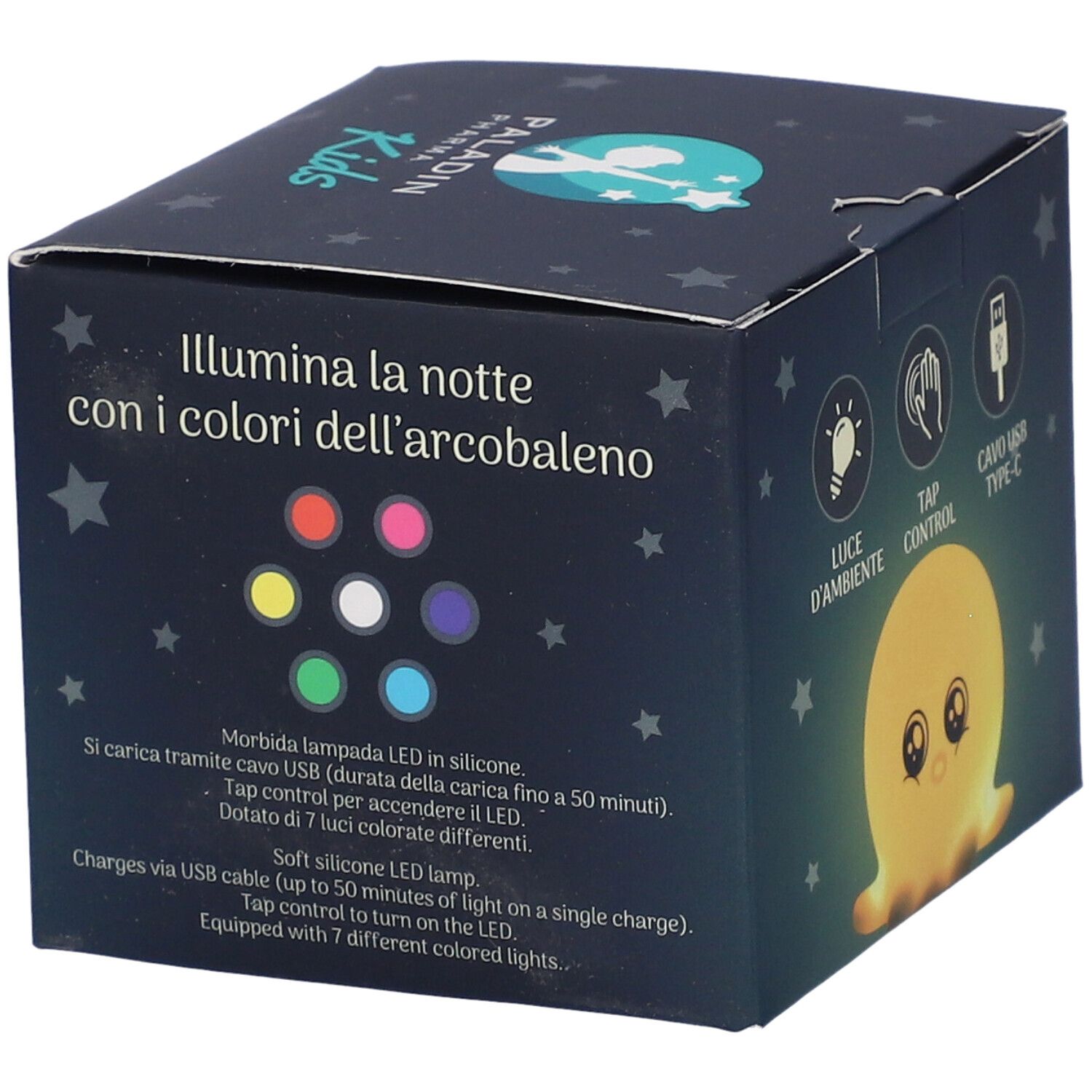 Scatola della lampada notturna Paladin Pharma Kids MiniOcty. Selezione colori, istruzioni di ricarica e utilizzo.