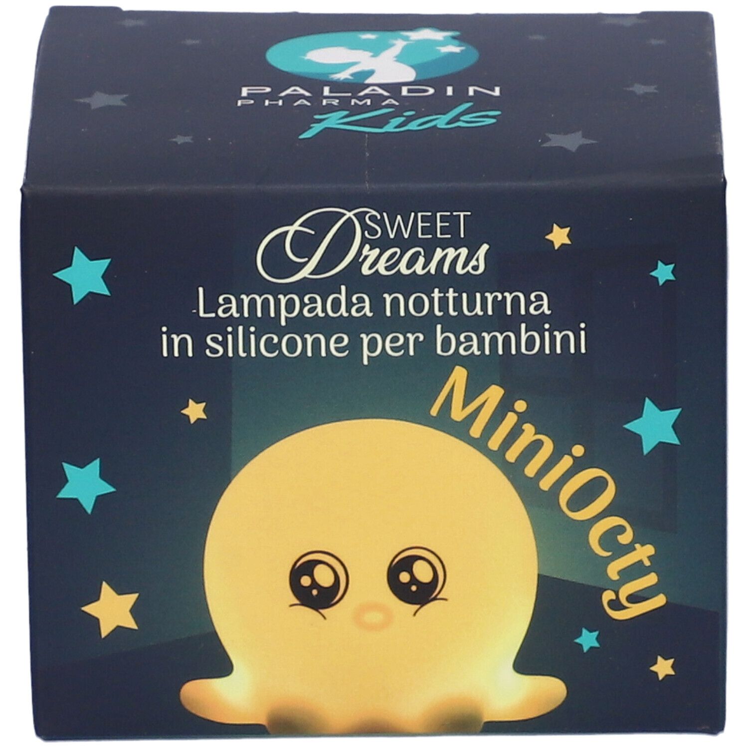 Fronte della confezione della lampada notturna Paladin Pharma Kids MiniOcty. Nome del prodotto e design polpo.
