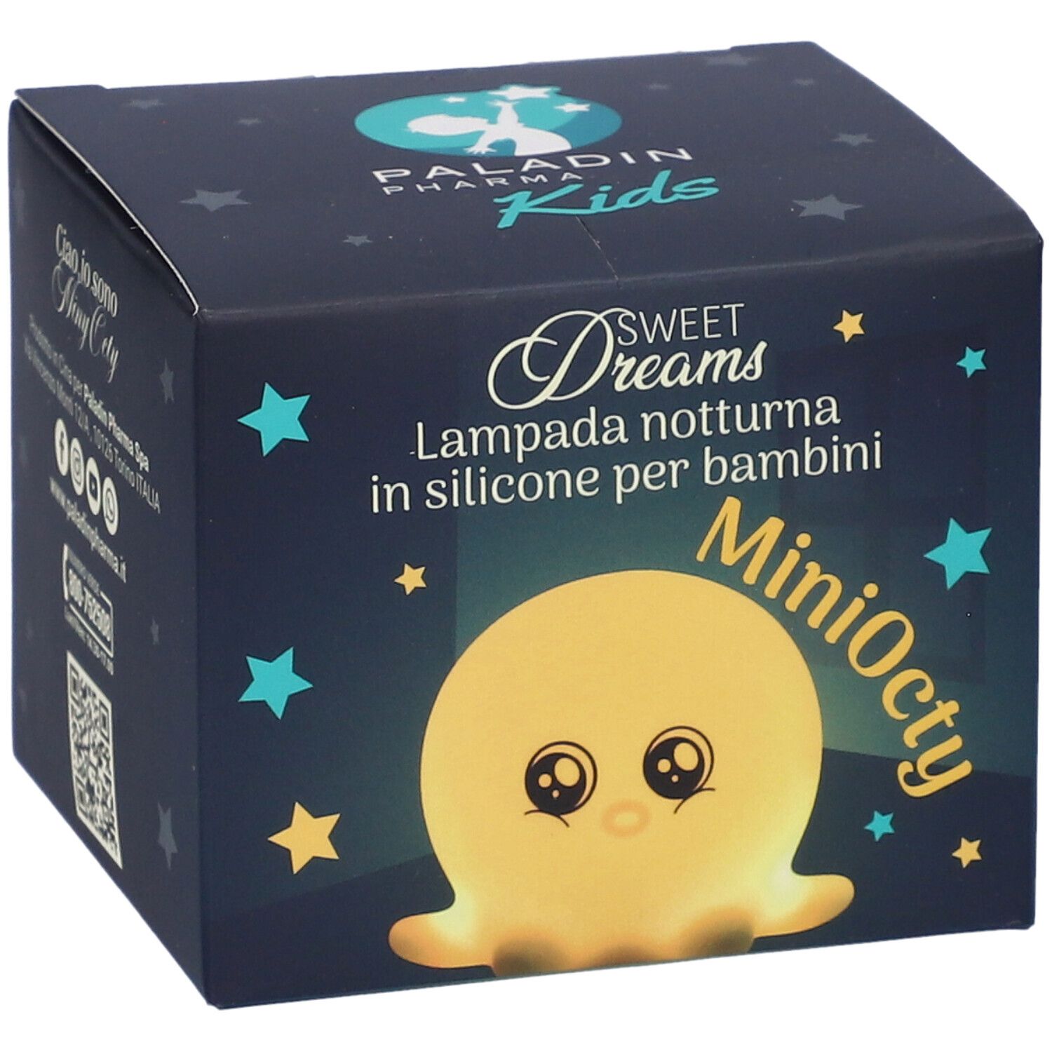 Scatola della lampada notturna Paladin Pharma Kids MiniOcty. Nome del prodotto, design polpo e stelle.