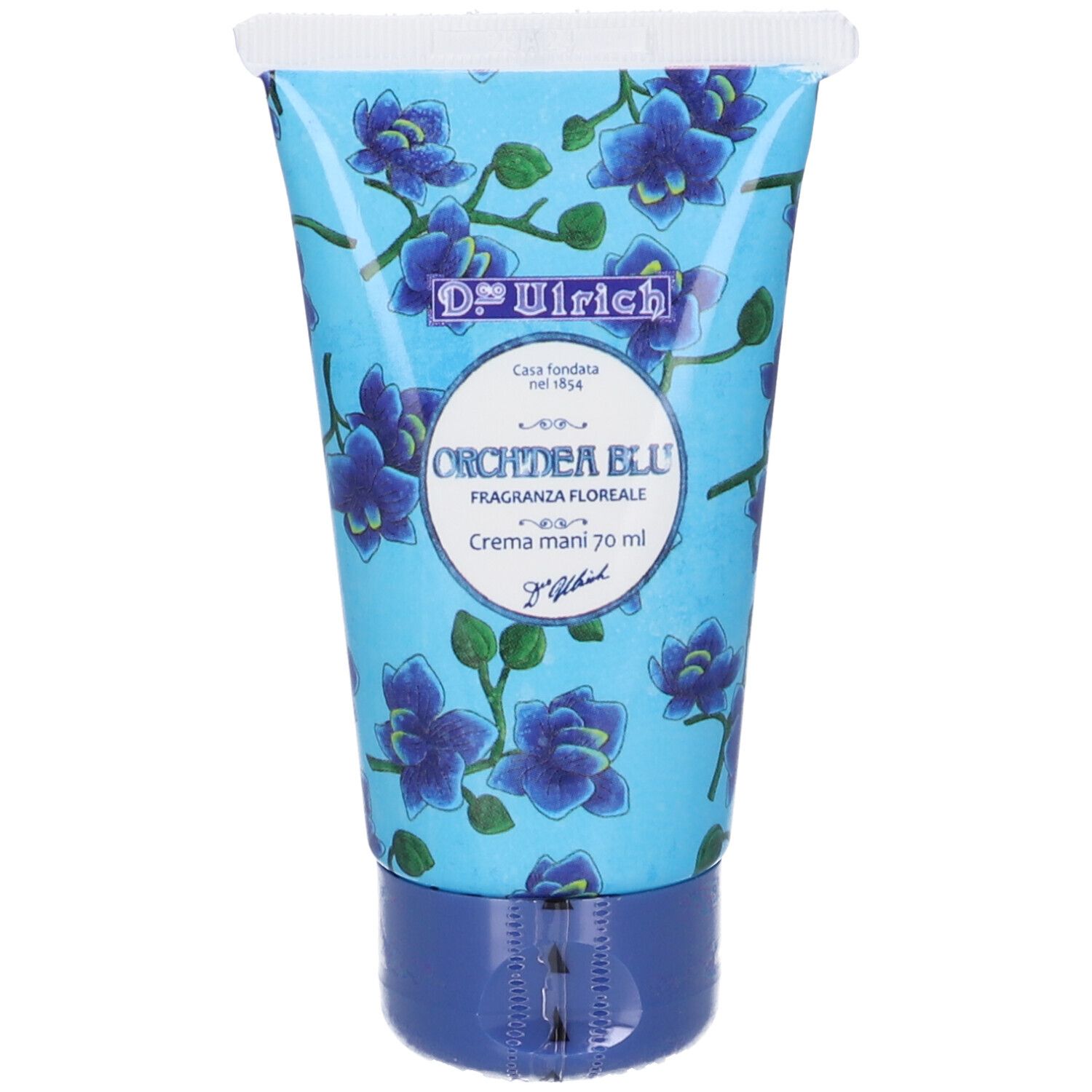 Tubo blu e bianco con motivo orchidee. Scritta "Dr. Ulrich Orchidea Blu Crema Mani".