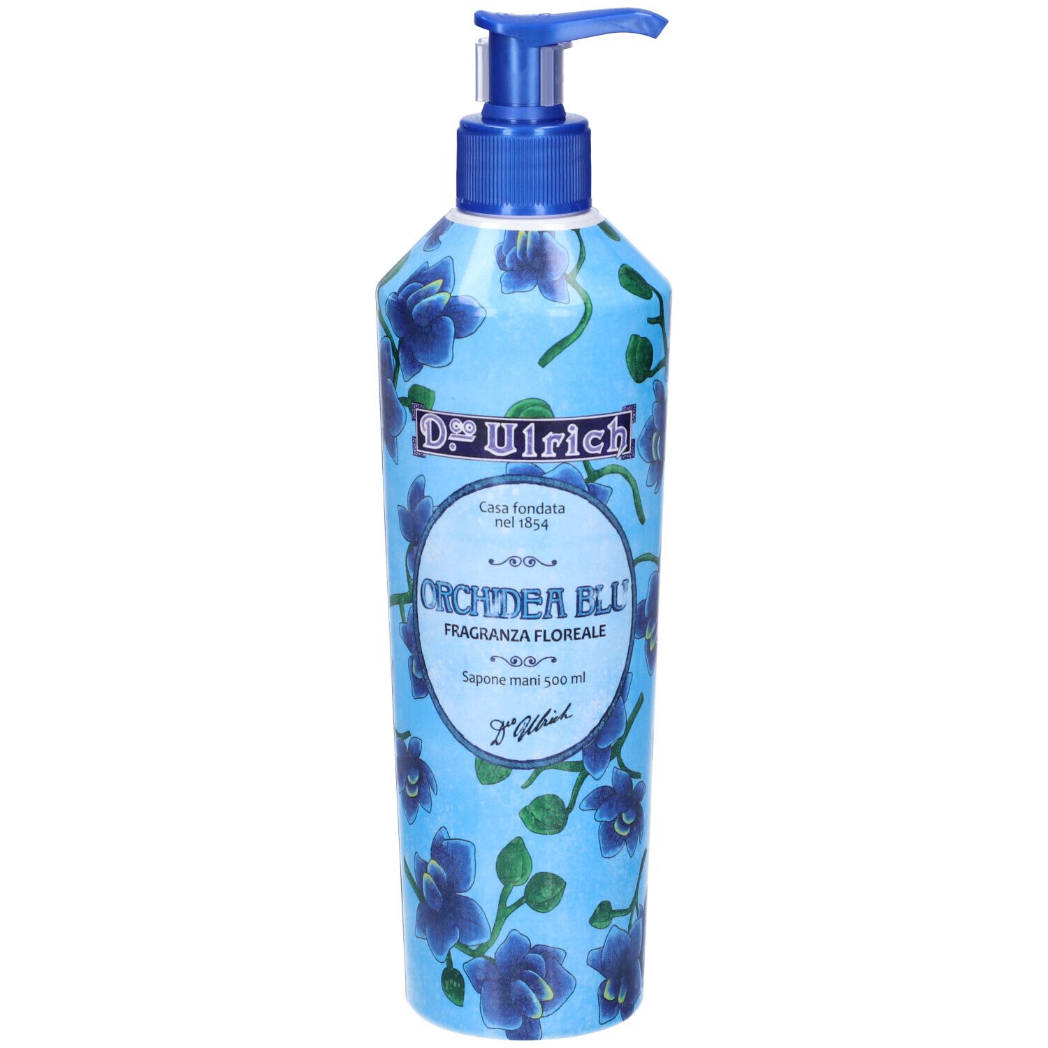 Flacone blu floreale con dosatore a pompa. Scritta: Orchidea Blu, Fragranza Floreale, Sapone mani. Marchio: Dr. Ulrich.