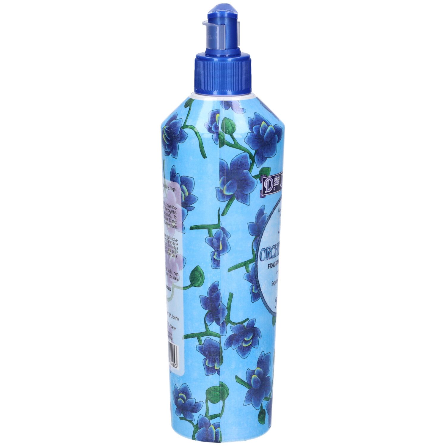 Flacone blu floreale con dosatore a pompa, vista laterale. Scritta: Orchidea Blu. Marchio: Dr. Ulrich.