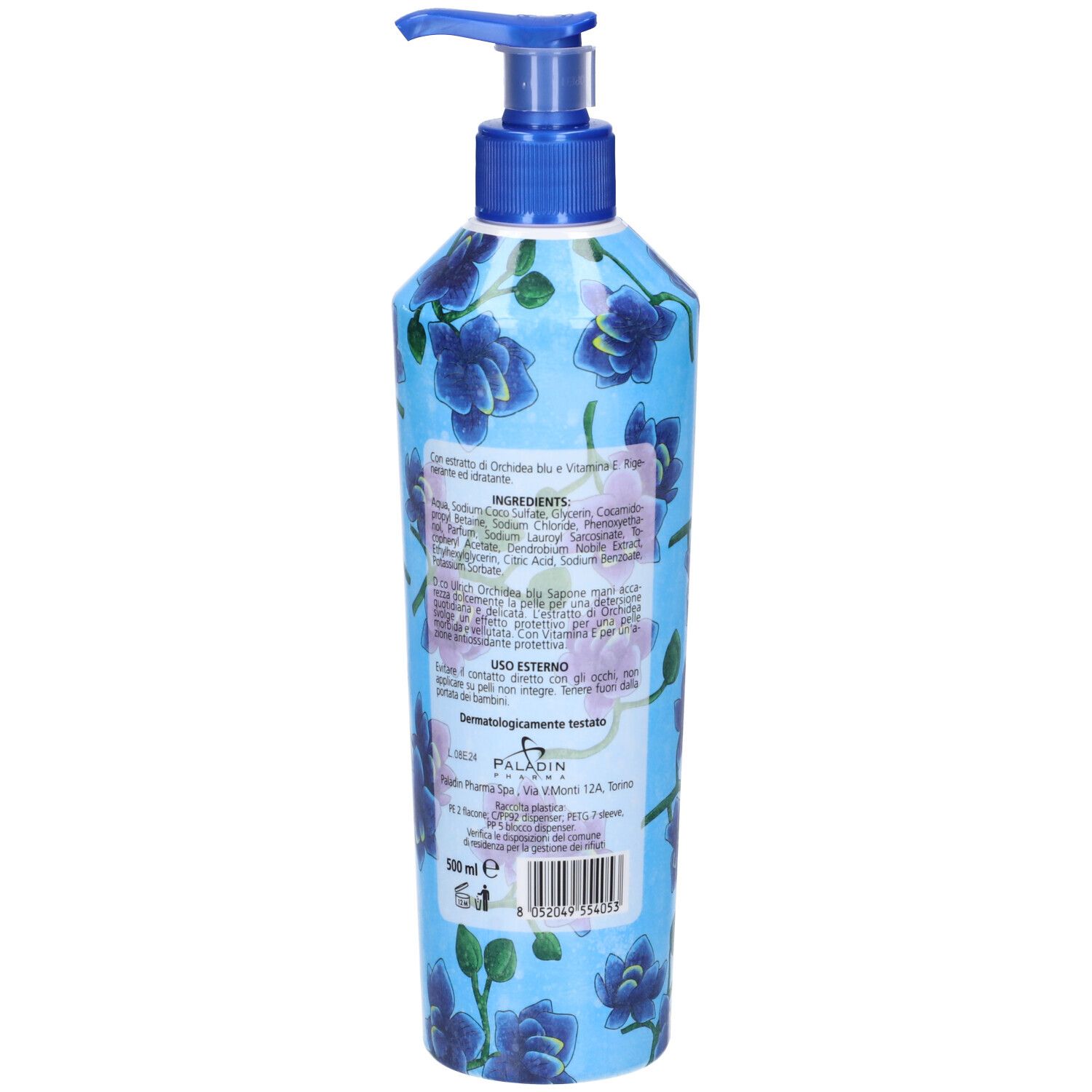 Retro di un flacone blu floreale con dosatore a pompa. Testo: Ingredienti, Uso Esterno, dermatologicamente testato. Marchio: Dr. Ulrich.