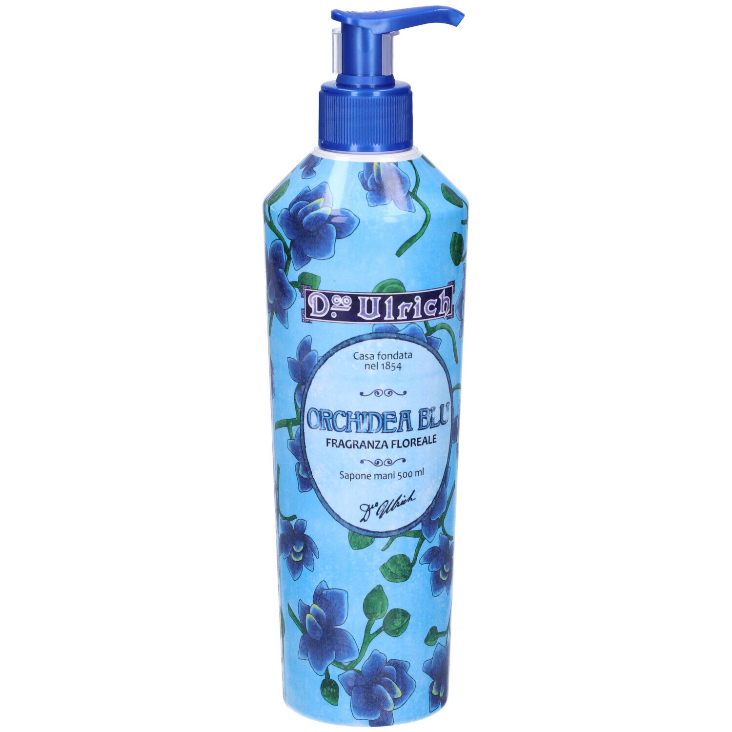 Flacone blu floreale con dosatore a pompa. Scritta: Orchidea Blu, Fragranza Floreale, Sapone mani. Marchio: Dr. Ulrich.
