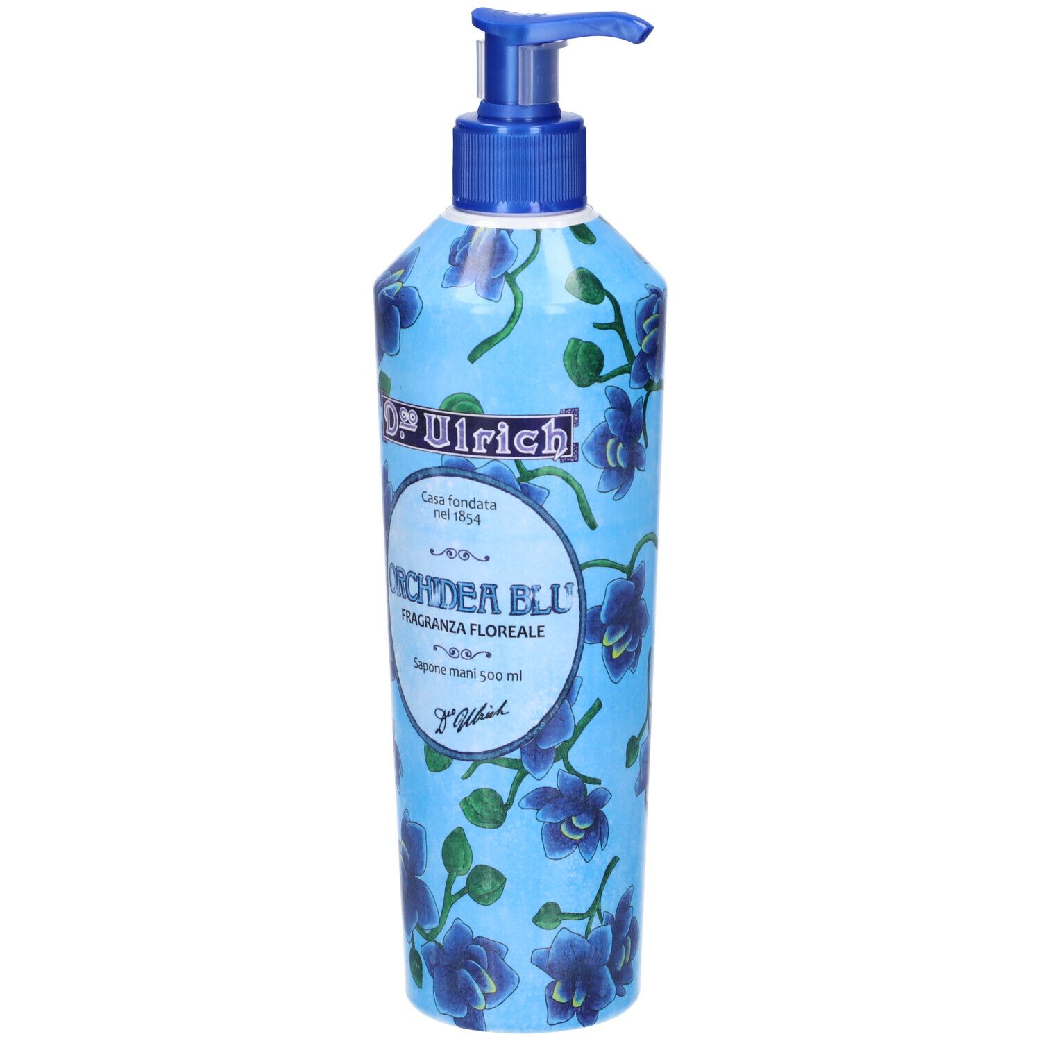 Flacone blu floreale con dosatore a pompa. Scritta: Orchidea Blu, Fragranza Floreale, Sapone mani. Marchio: Dr. Ulrich.