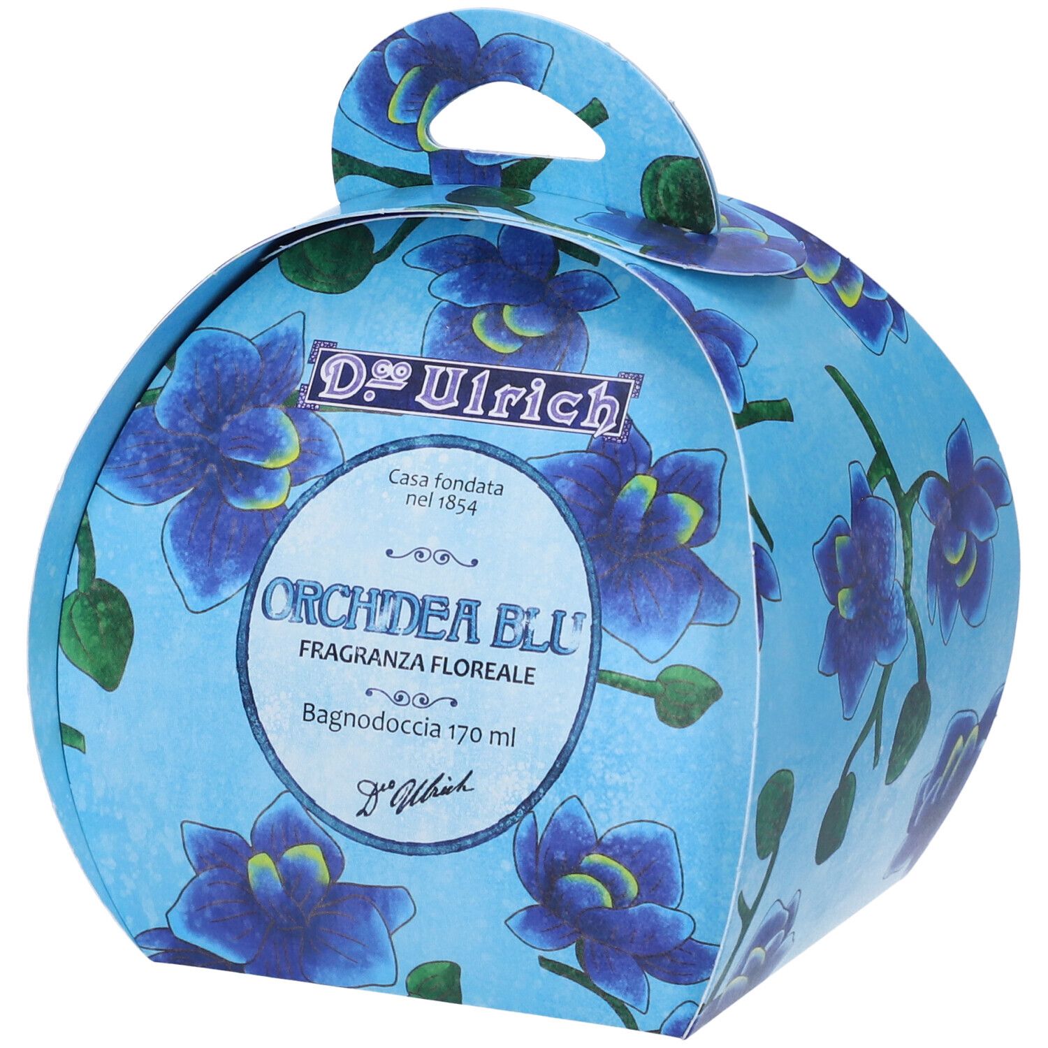 Confezione regalo rotonda con motivo floreale blu. Scritta: Orchidea Blu, Bagnodoccia 170 ml. Manico in alto.
