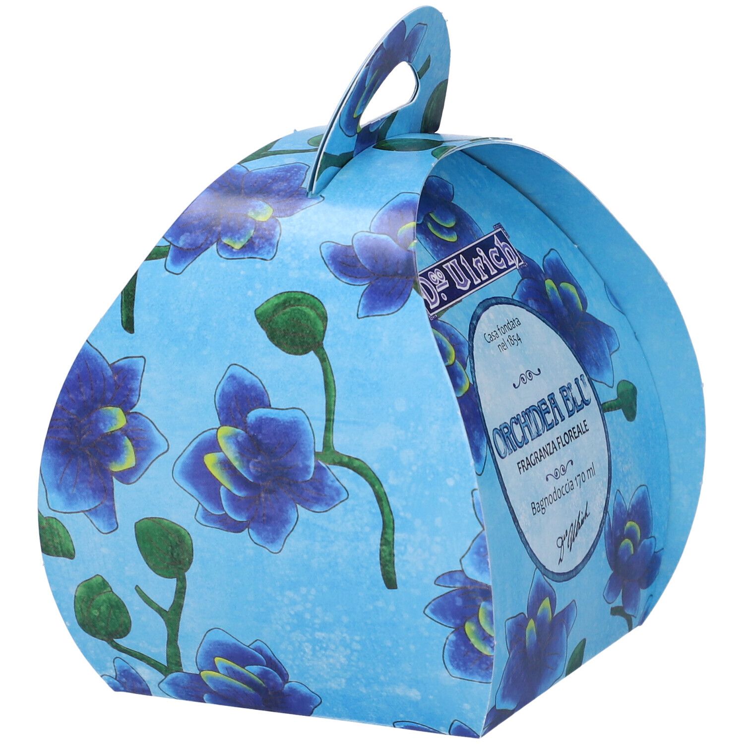 Confezione regalo rotonda con motivo floreale blu. Scritta: Orchidea Blu. Manico in alto.