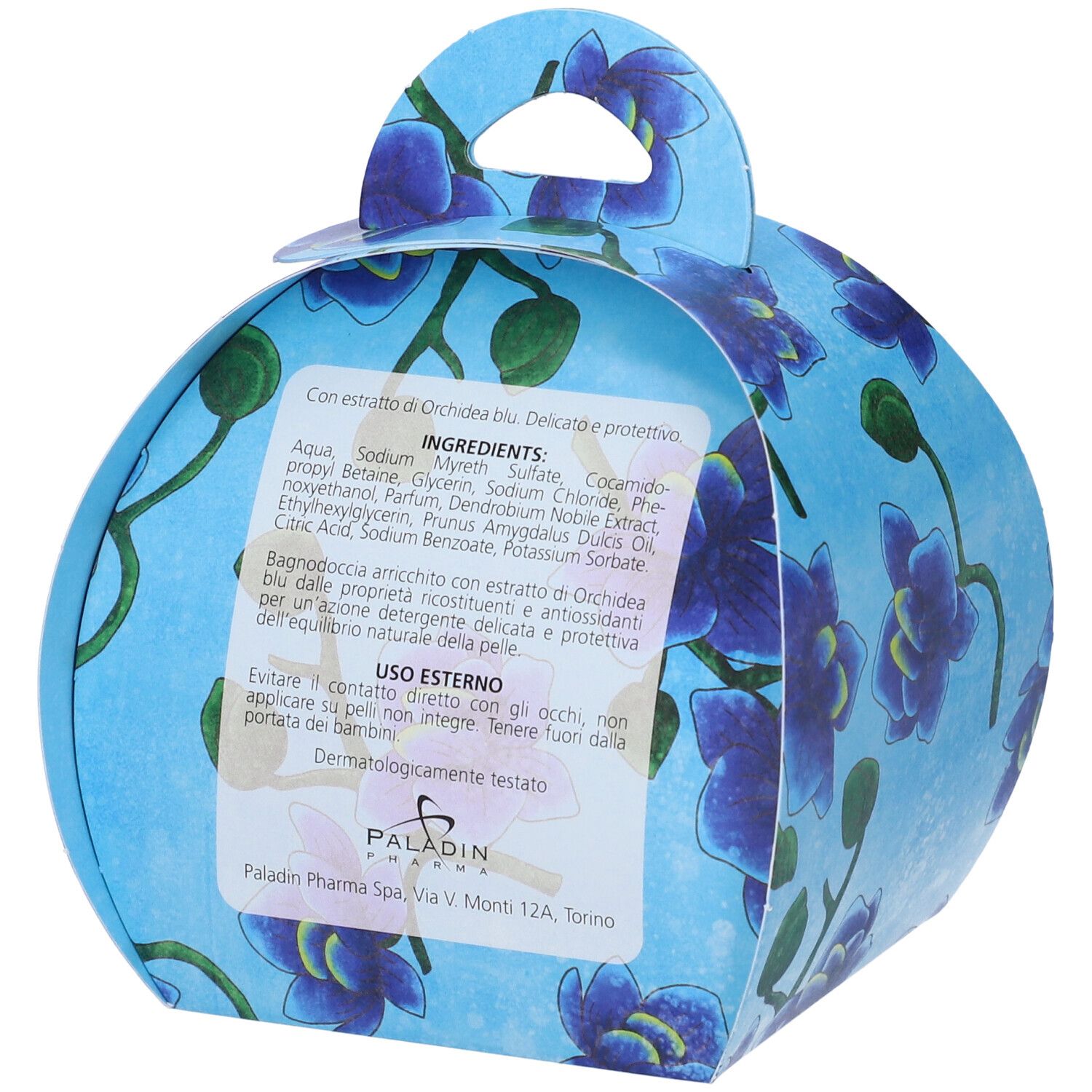 Confezione regalo rotonda con motivo floreale blu. Retro con ingredienti e informazioni produttore. Manico in alto.