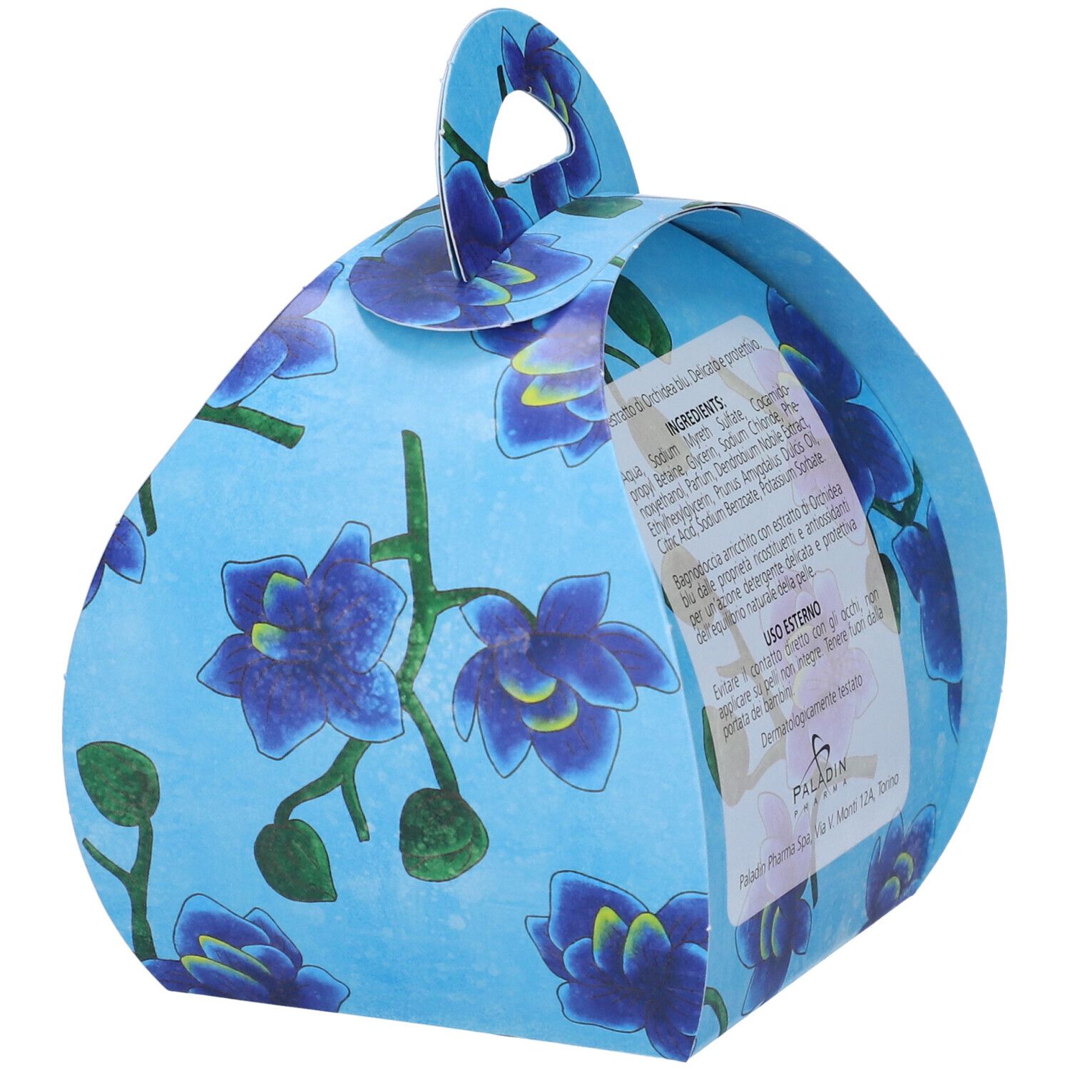 Confezione regalo rotonda con motivo floreale blu. Retro con ingredienti. Manico in alto.