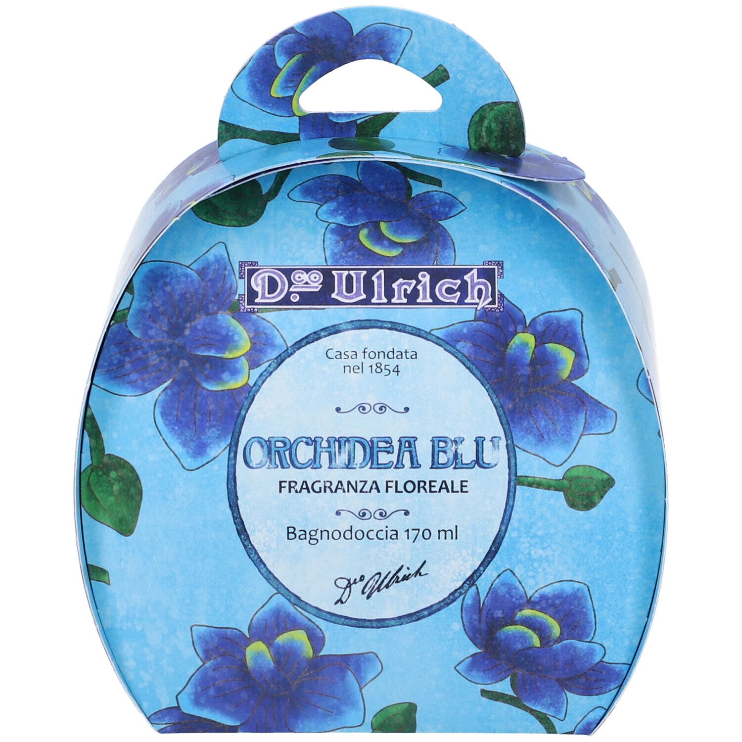 Confezione regalo rotonda con motivo floreale blu. Scritta: Orchidea Blu, Bagnodoccia 170 ml. Manico in alto.