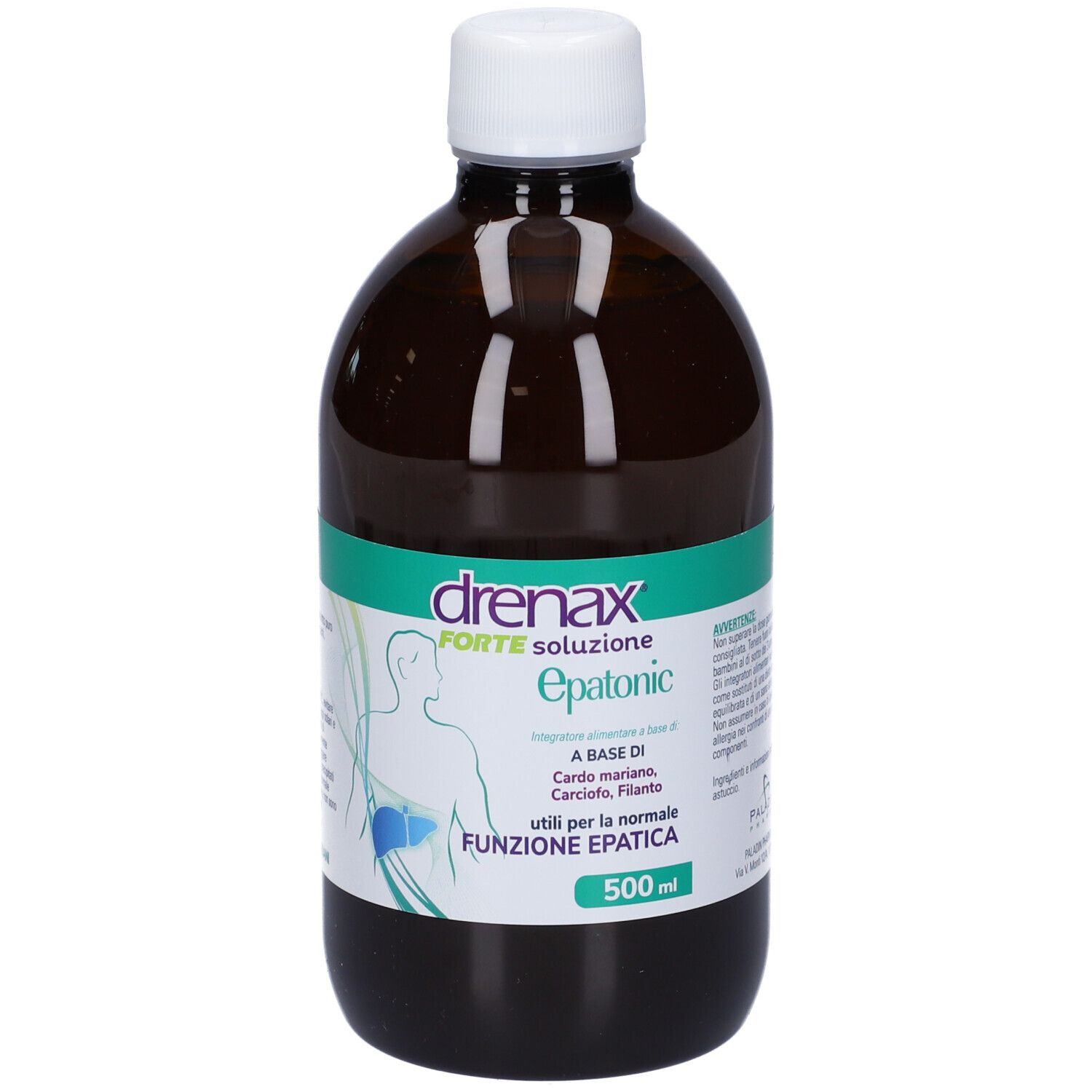 Braune Flasche mit weißem Deckel. Etikett mit Produktnamen und Informationen. 500 ml. Für die Leberfunktion.