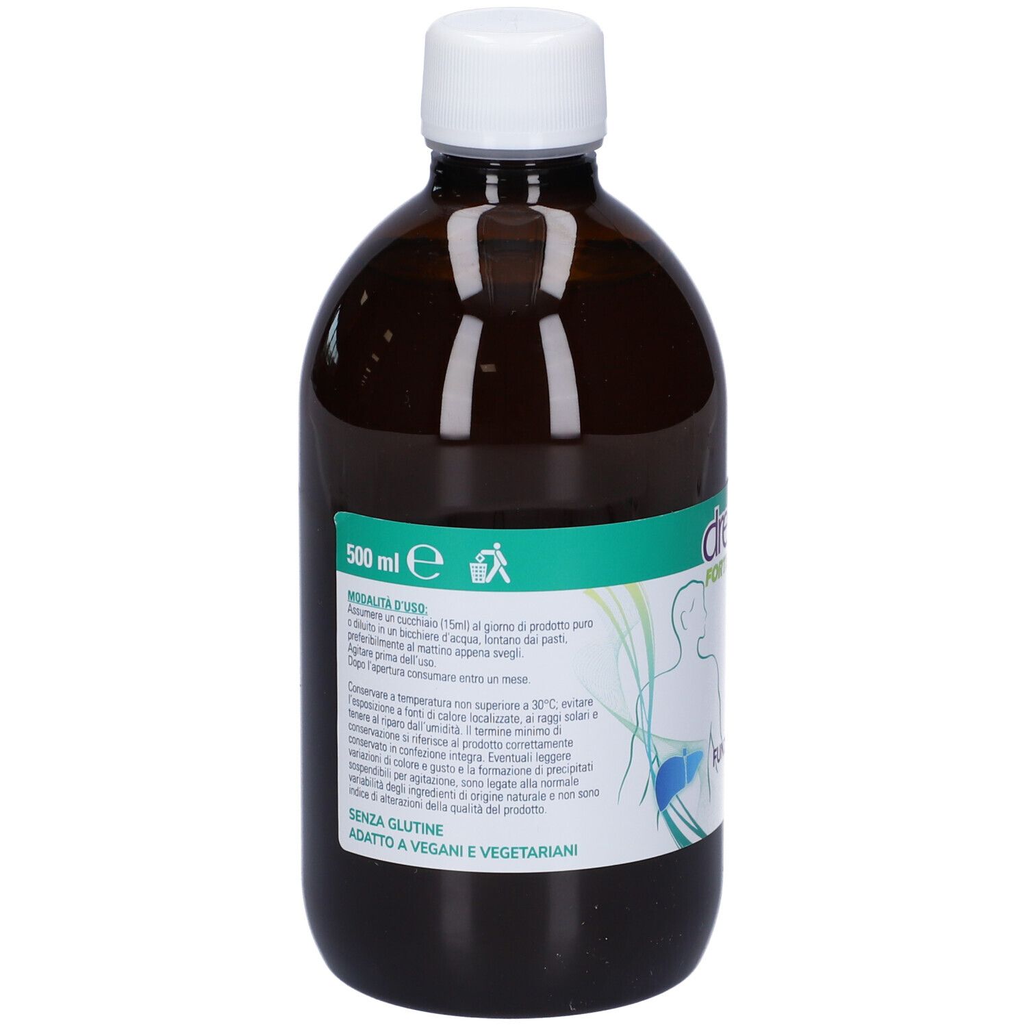 Braune Flasche mit weißem Deckel. Etikett mit Produktinformationen, darunter 'SENZA GLUTINE' und 'ADATTO A VEGANI'.