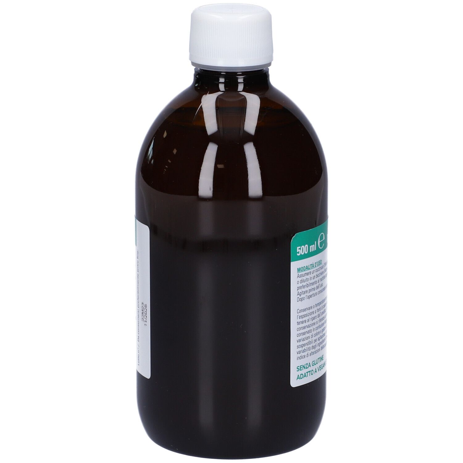 Braune Flasche mit weißem Deckel. Etikett mit Produktinformationen. 'SENZA GLUTINE' und 'ADATTO A VEGANI' sind sichtbar.