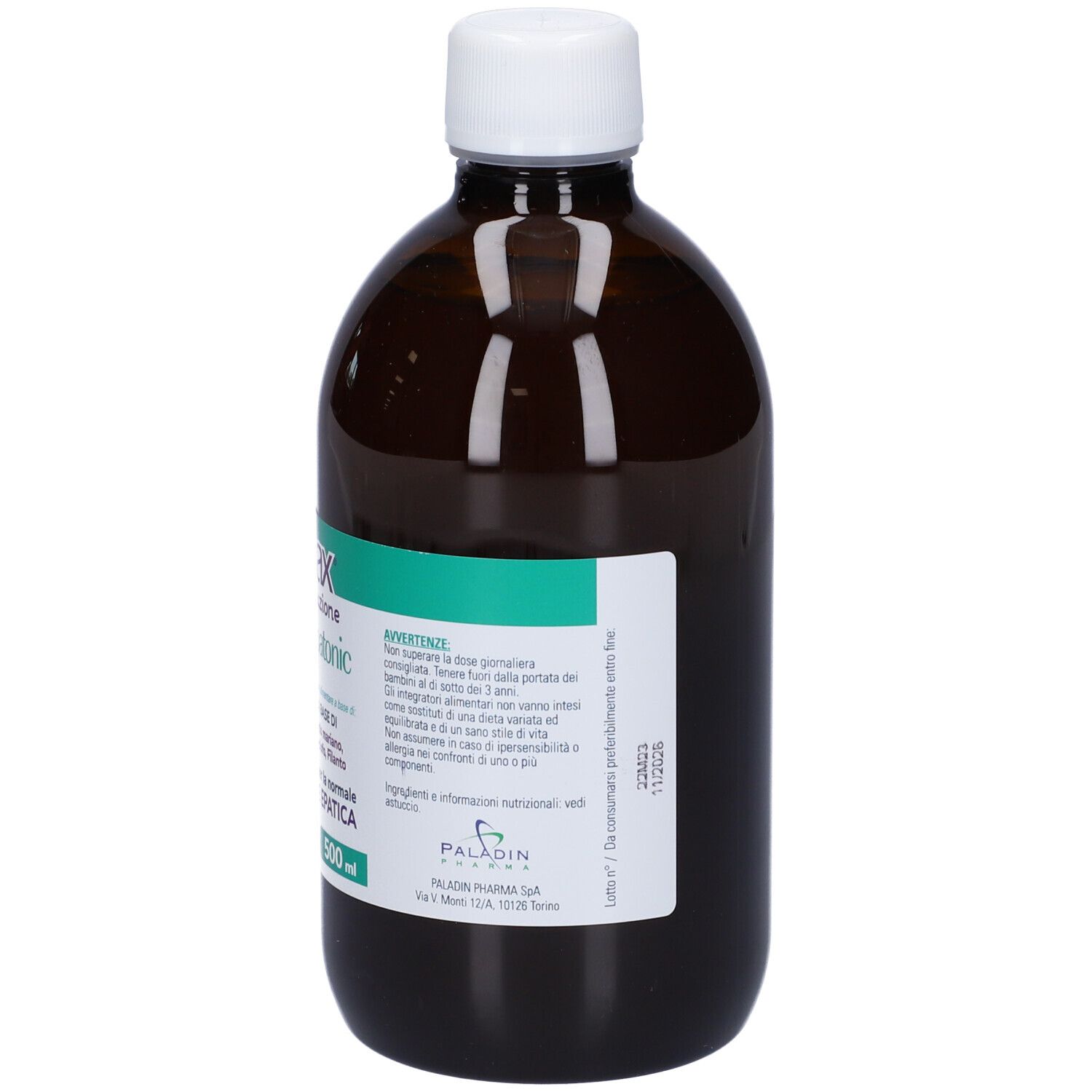 Braune Flasche mit weißem Deckel. Etikett mit Produktinformationen und dem Logo von Paladin Pharma. 500 ml.