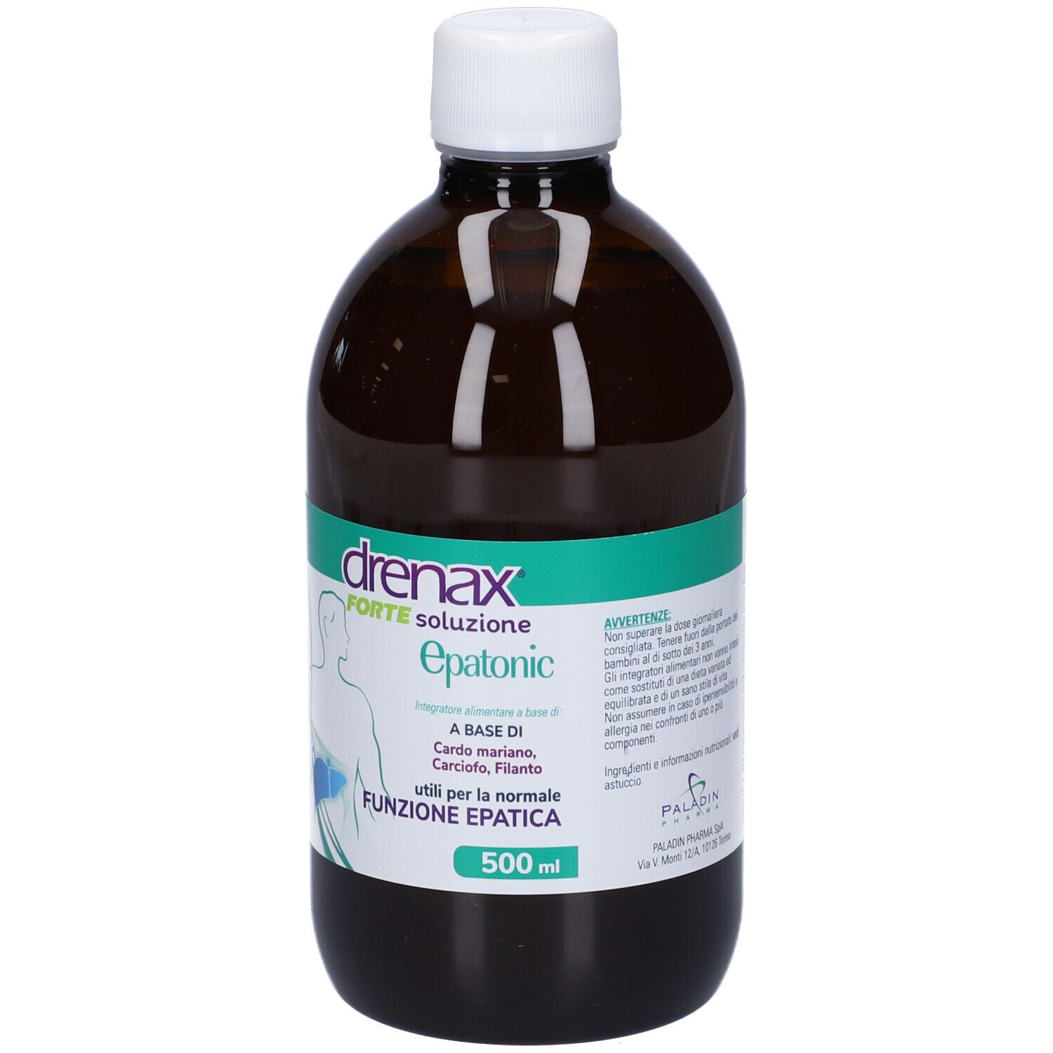 Braune Flasche mit weißem Deckel. Etikett mit Produktnamen 'drenax forte epatonic' und Informationen. 500 ml.