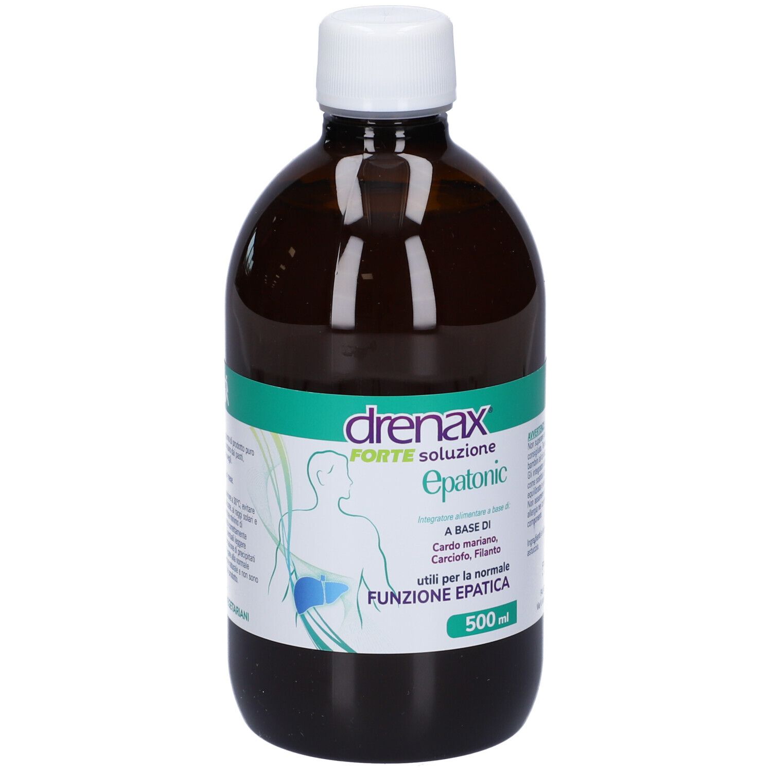 Braune Flasche mit weißem Deckel. Etikett mit Produktnamen 'drenax forte epatonic' und Informationen. 500 ml.